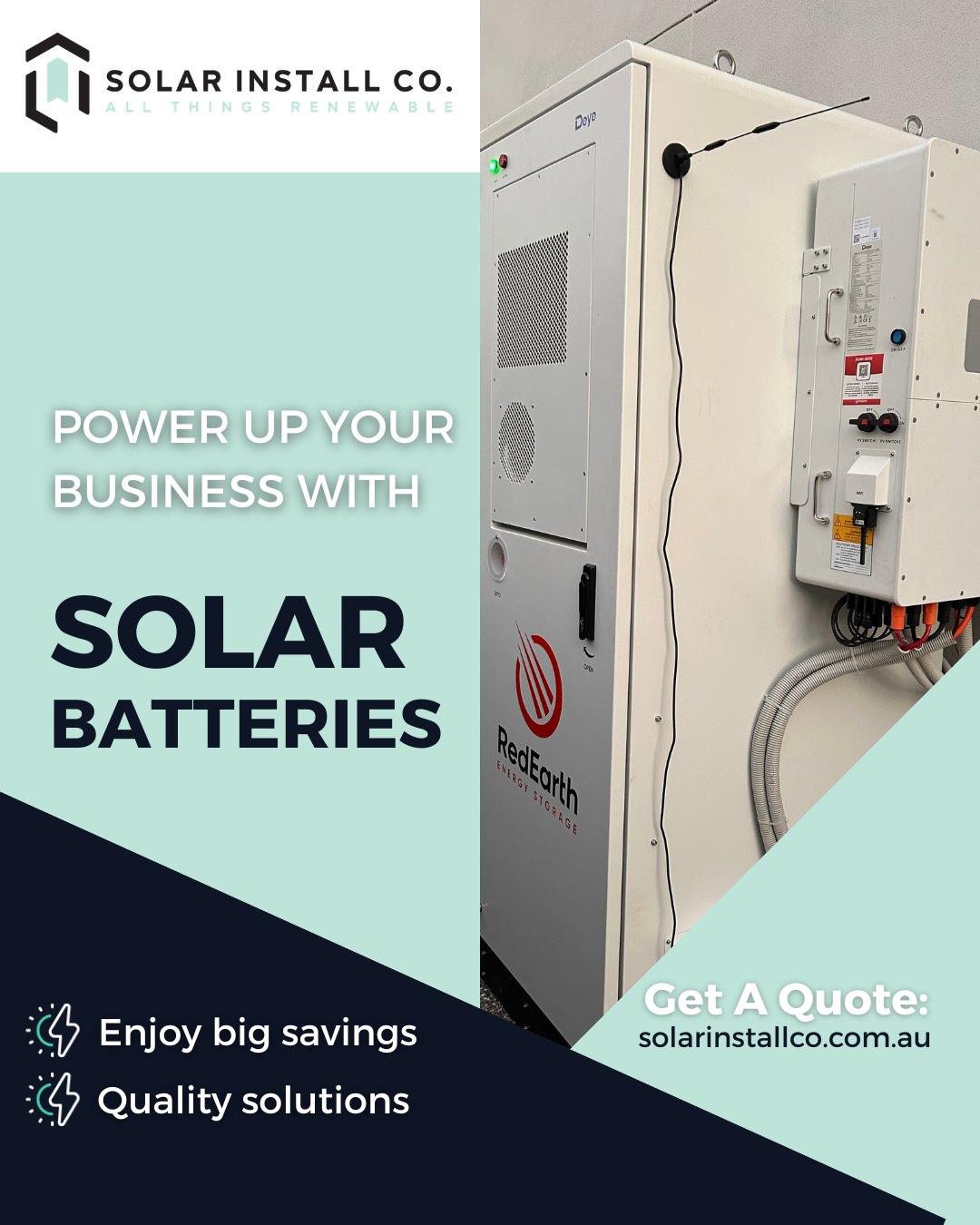 Solar Install Co Facebook ad: Power Up Your Business With Solar Batteries