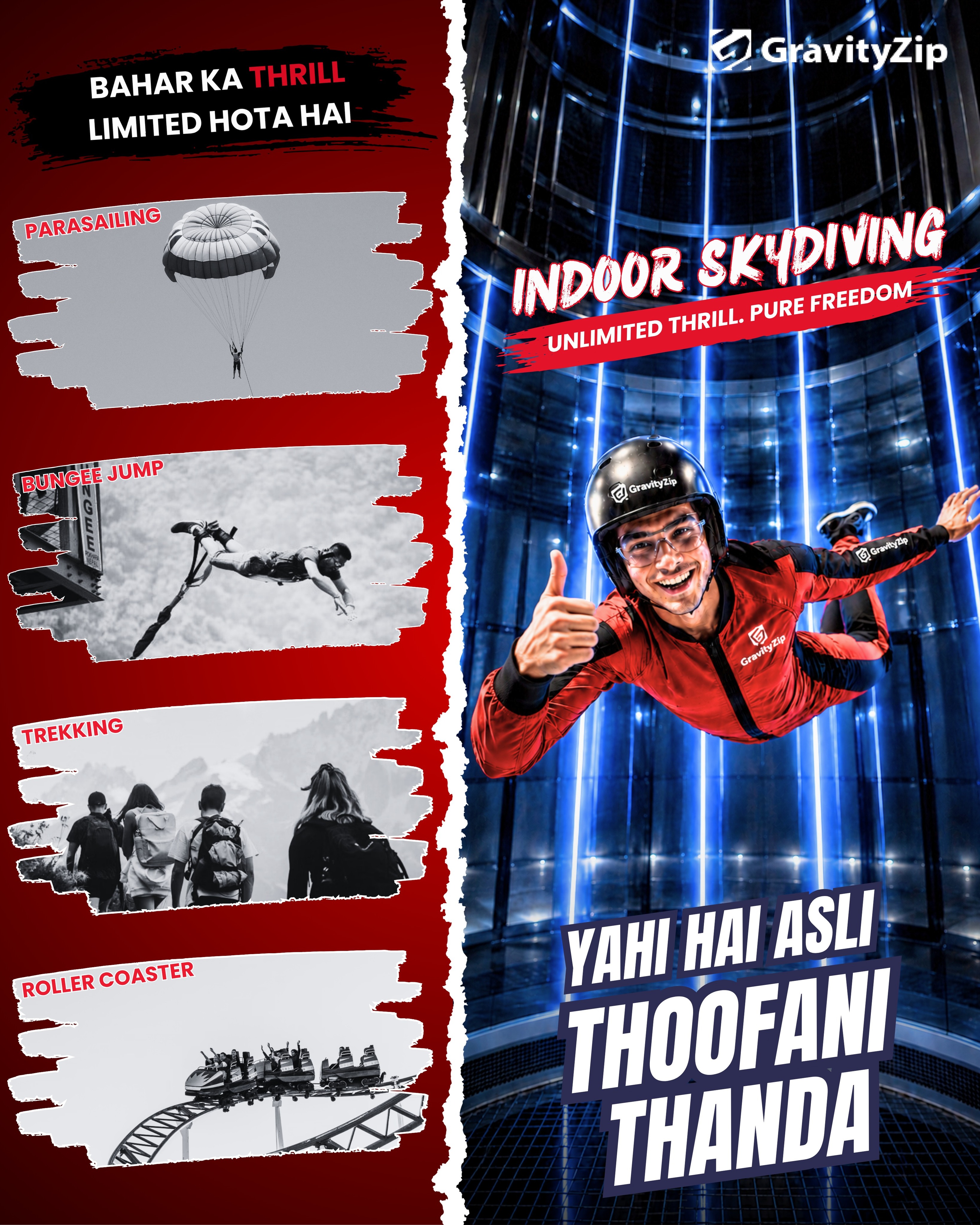 GravityZip Facebook ad: Not every thrill needs a mountain, a cliff…