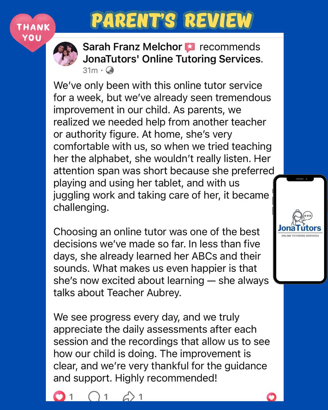 JonaTutors' Online Tutoring Services Facebook ad