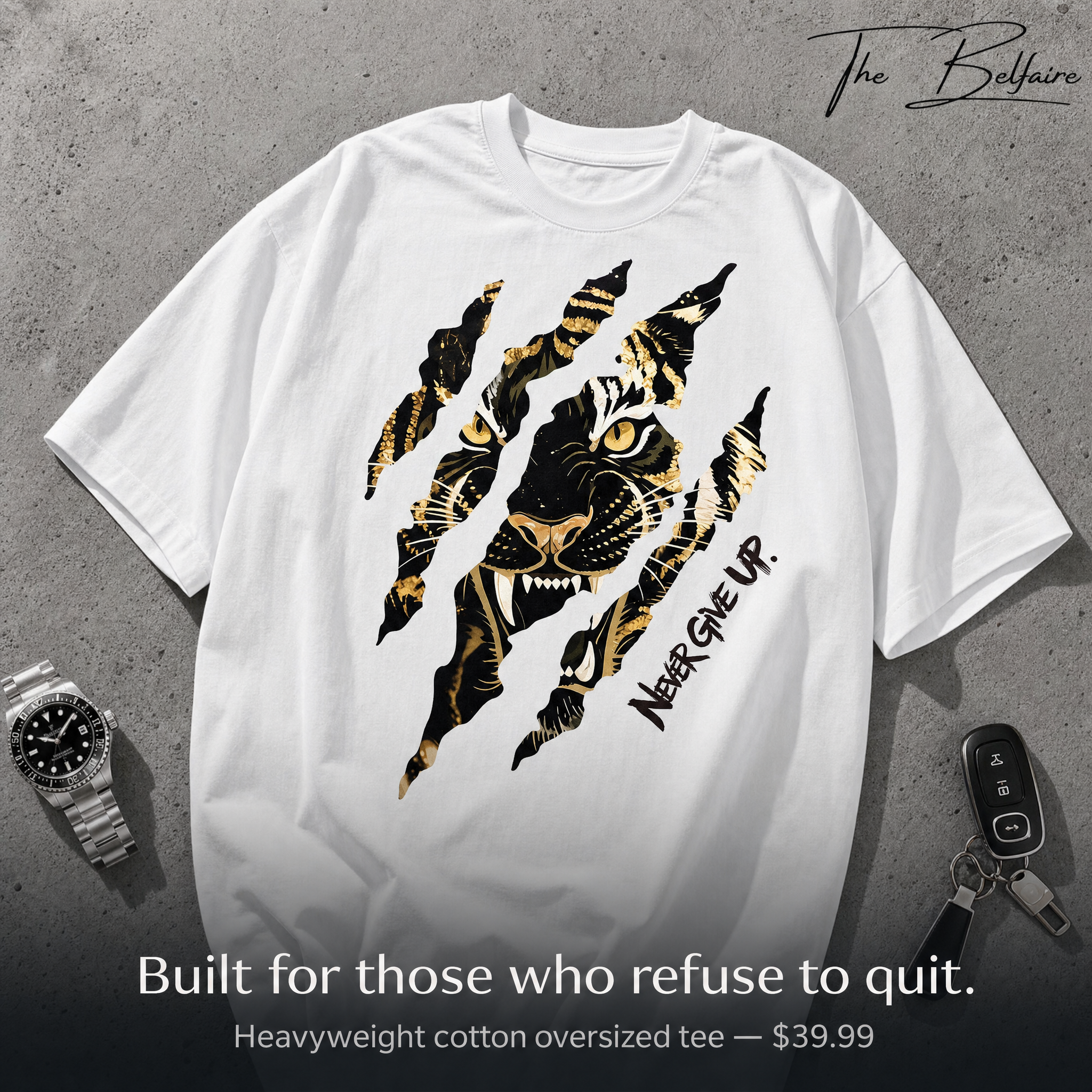 The Belfaire Facebook ad: Never Give Up Oversized Tee