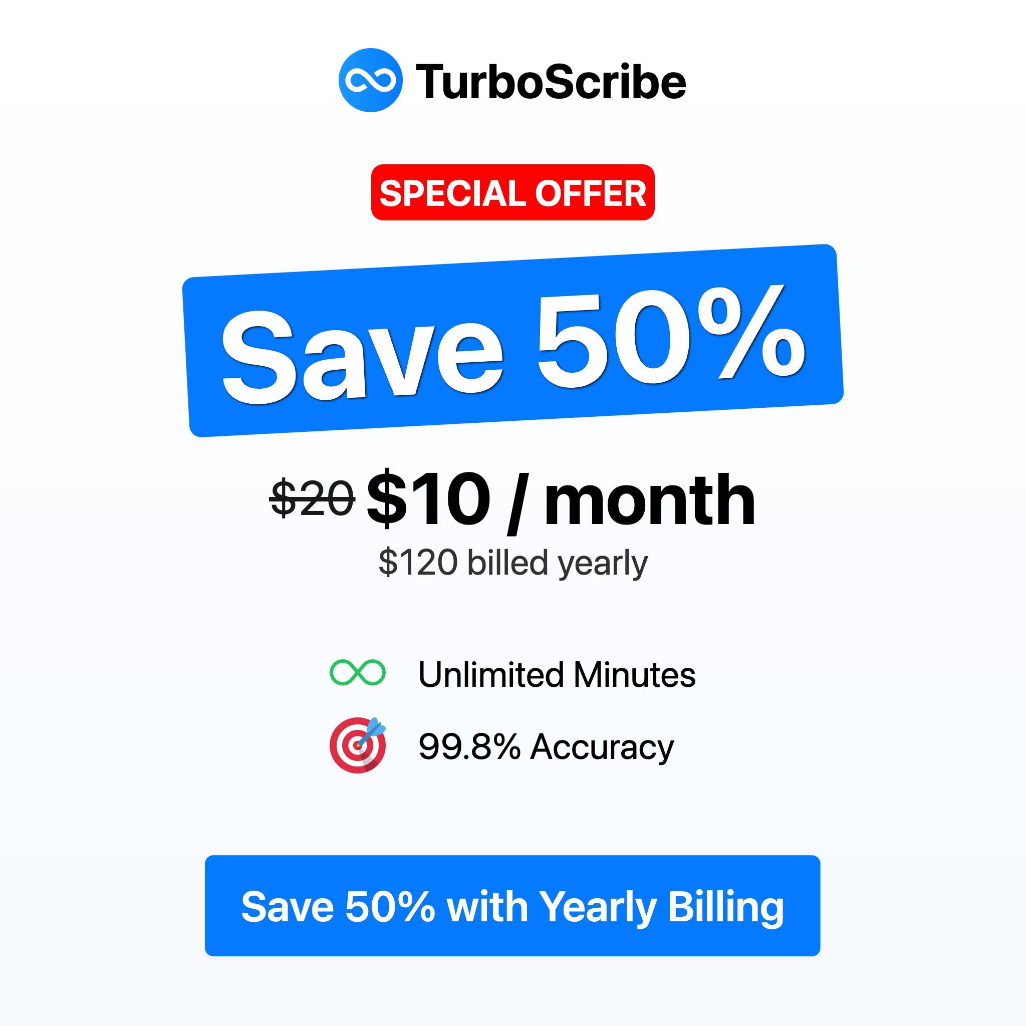 TurboScribe Facebook ad: Save $120 with yearly billing