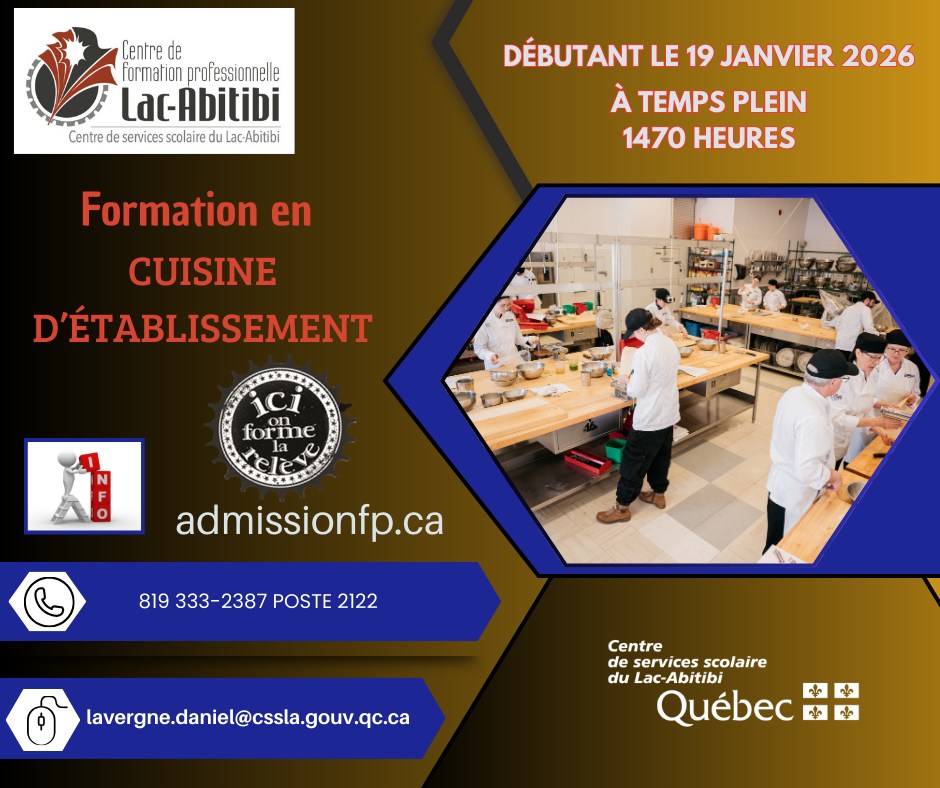 Centre de formation professionnelle Lac-Abitibi - CFPLA Facebook ad: Il n'est pas trop tard pour t'inscrire pour…
