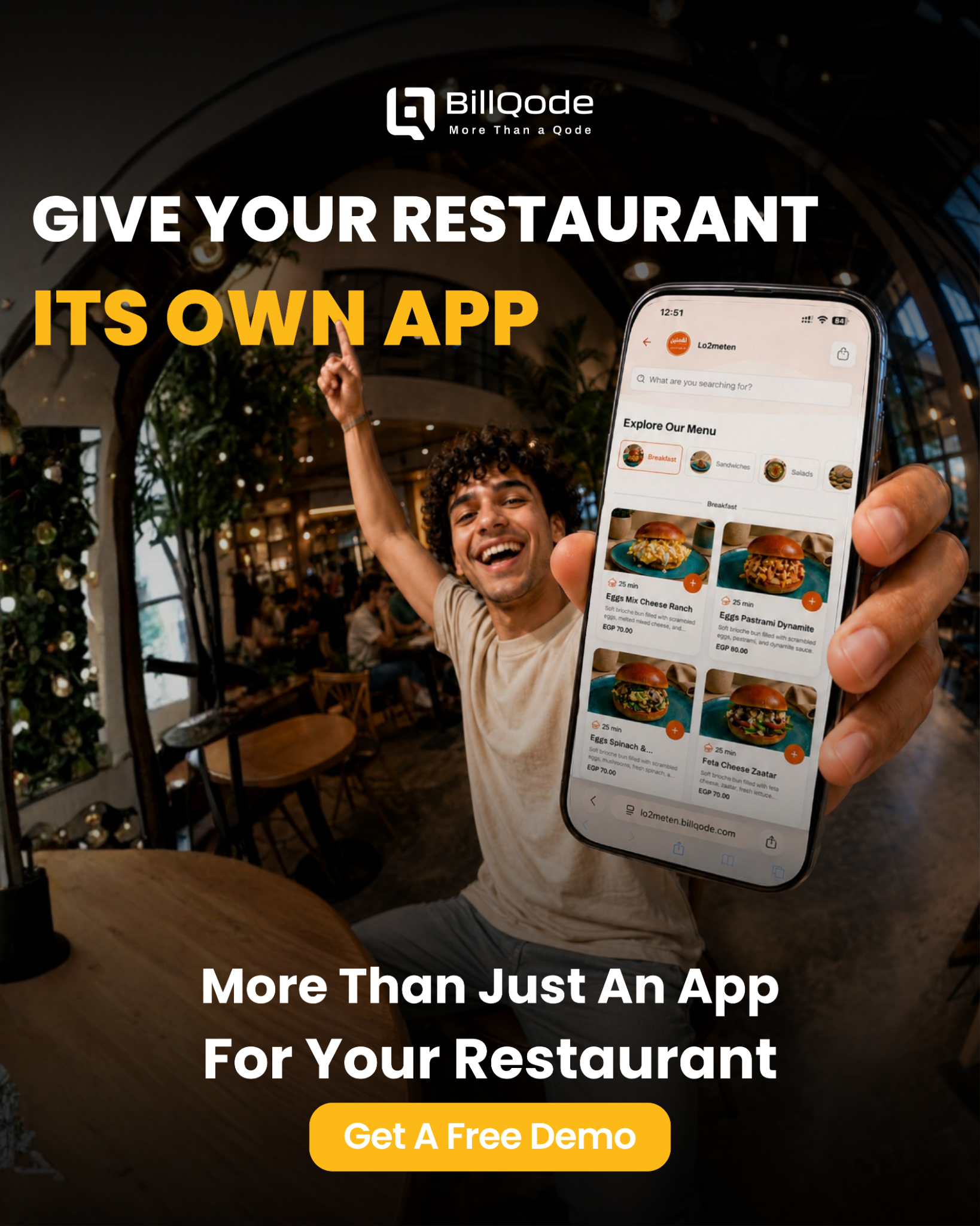 BillQode Facebook ad: Give Your Restaurant Its Own Branded App