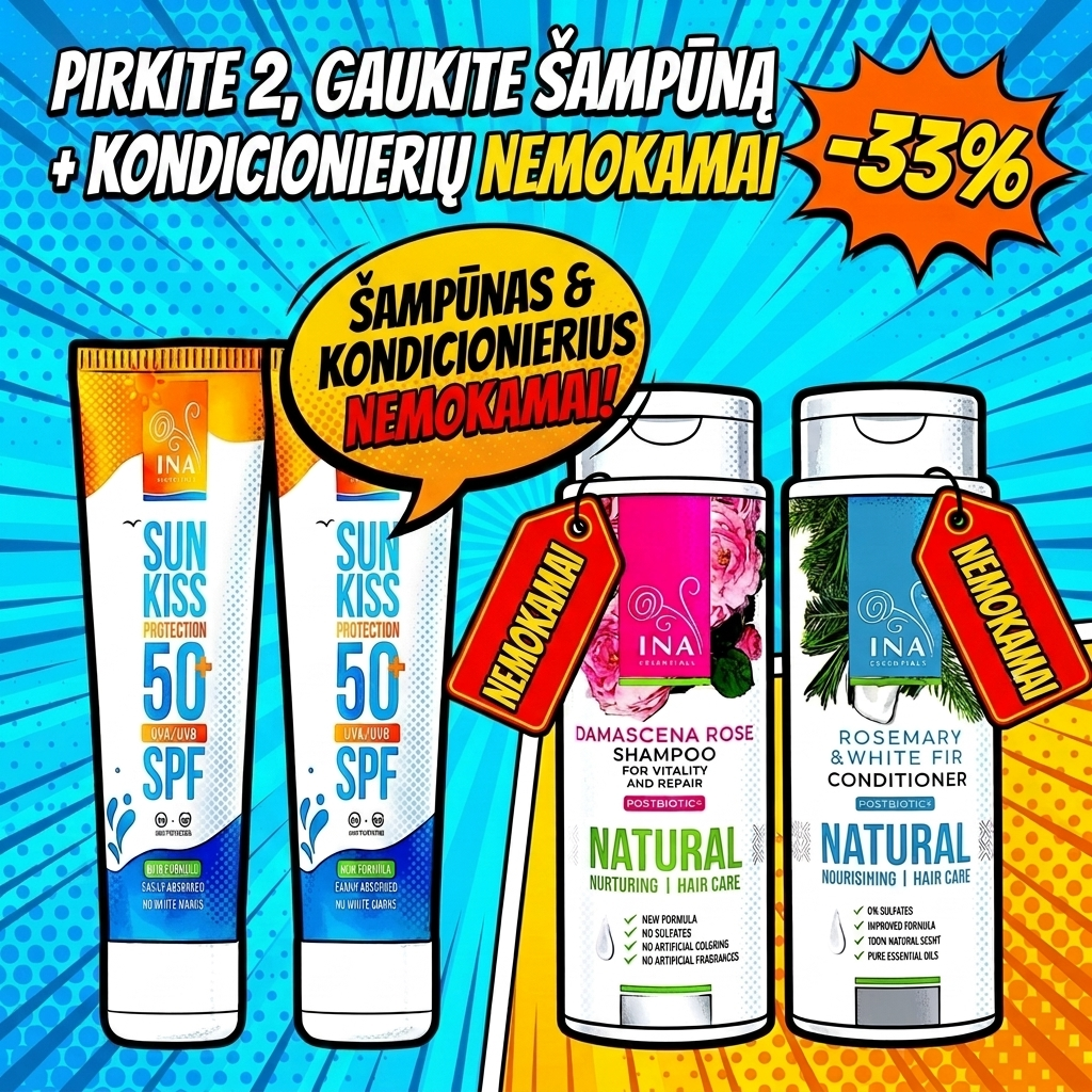 Šeimos Organinė Kosmetika - InaEssentials.lt Facebook ad: Pirk 2, šampūną ir balzamą gauk dovanų