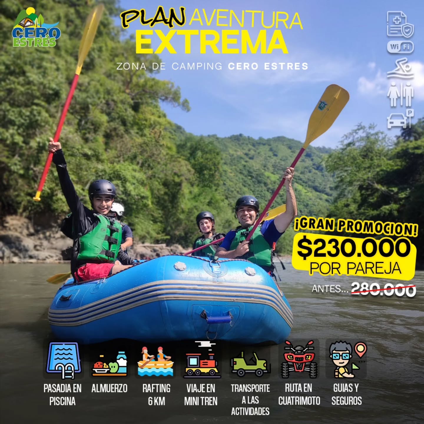 Zona de camping cero estres Facebook ad: Pasadía de aventura desde $115.000, Cupos limitados