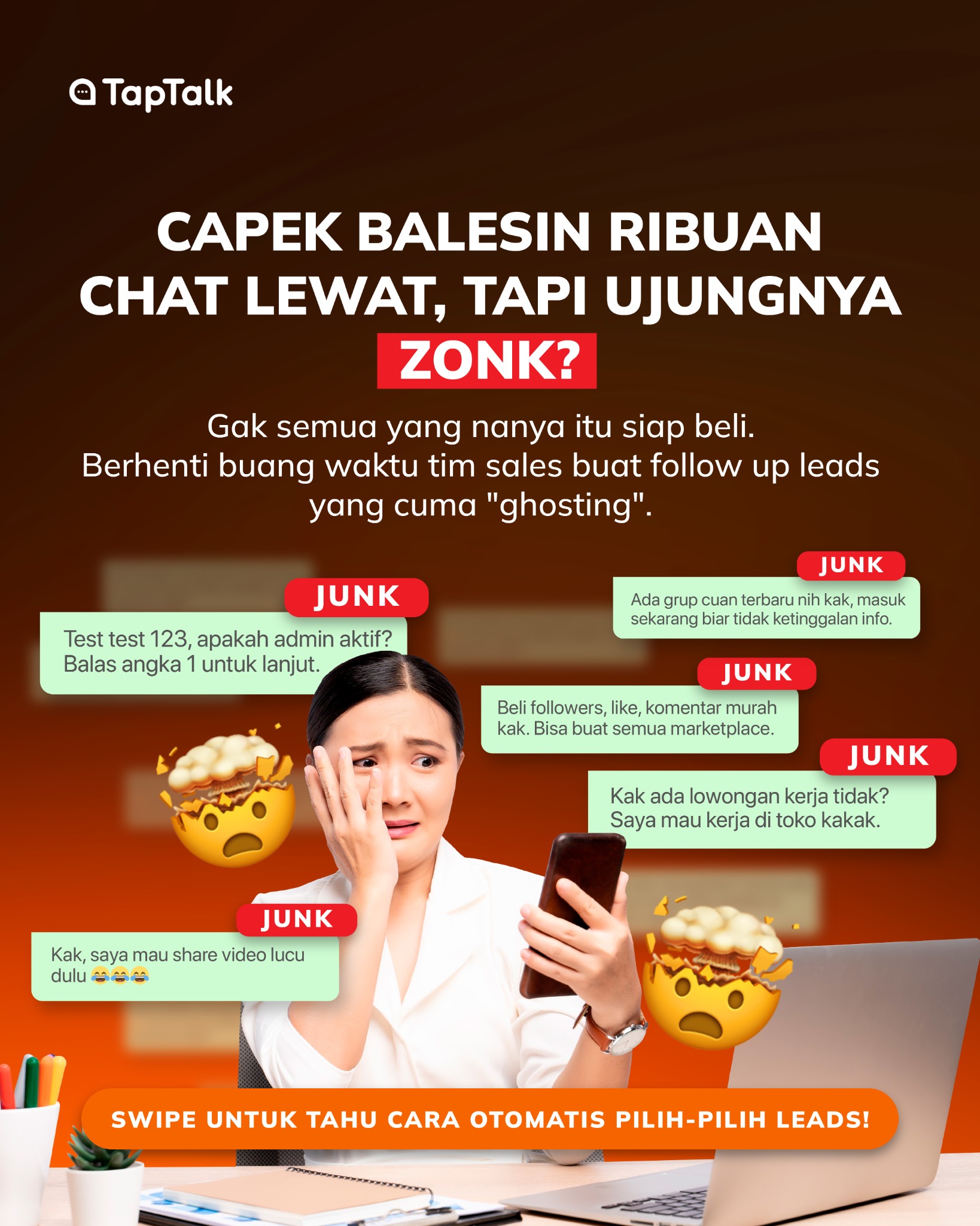 TapTalk.io Facebook ad: Jangan biarkan tim sales terbaikmu habis energinya cuma…