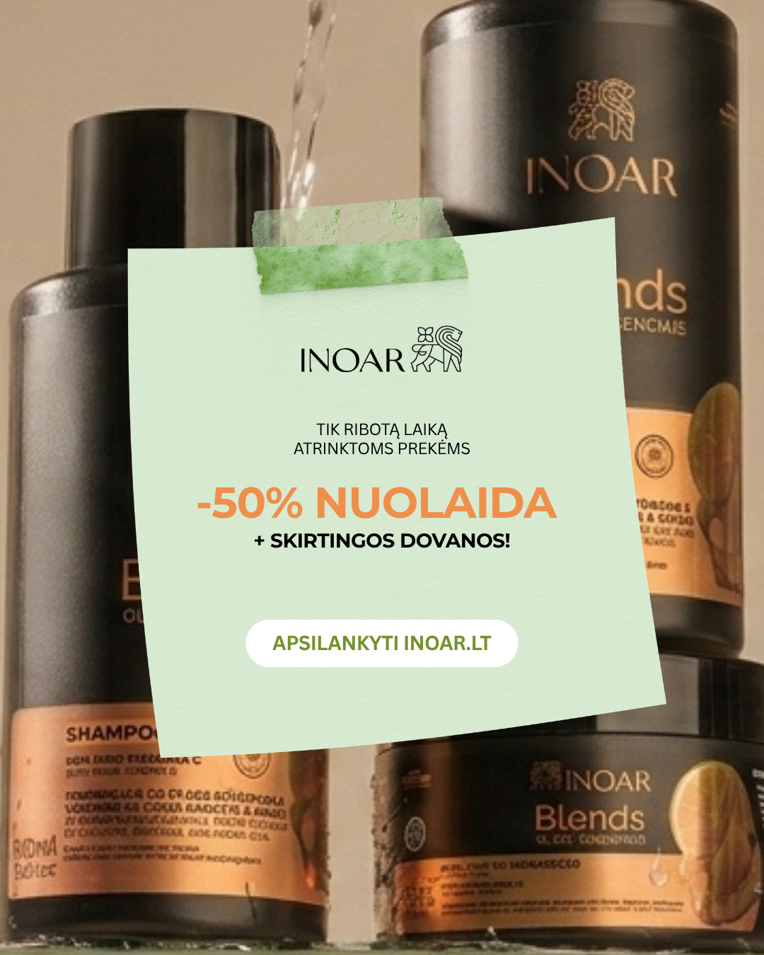 INOAR Lietuva Facebook ad: 50% nuolaida + DOVANOS perkant nuo 49€