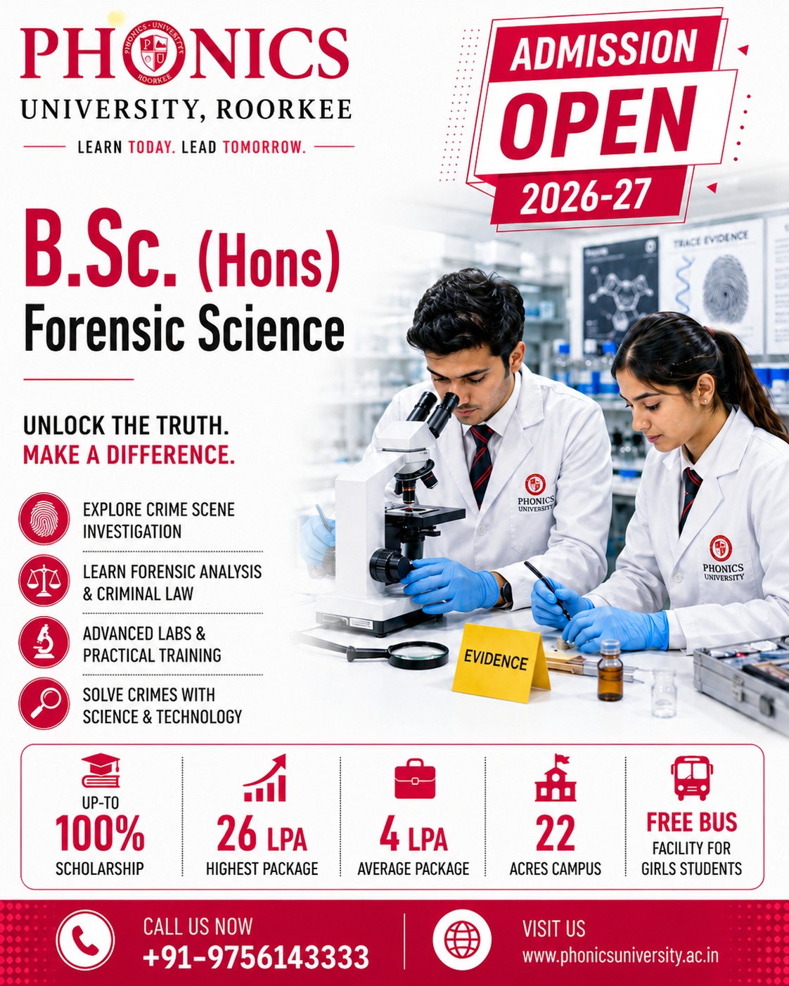 Phonics University, Roorkee Facebook ad: B.Sc. (Hons) Forensic Science Admissions Open |…