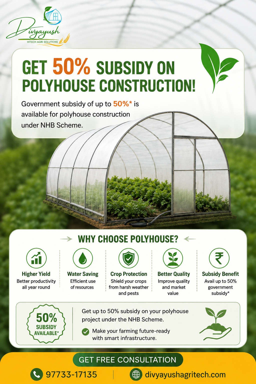 Divyayush Agritech Facebook ad: Polyhouse Par Up To 50% Subsidy*