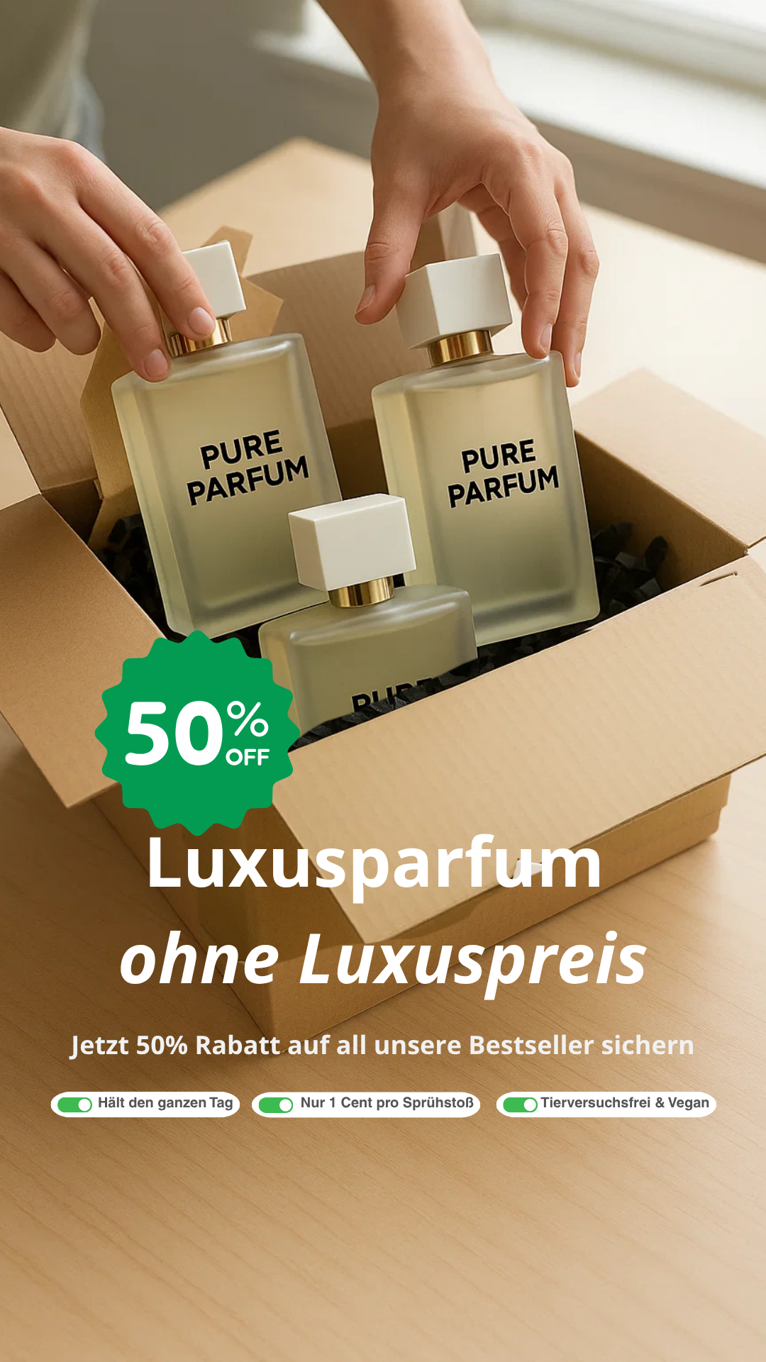 Pure Parfüm Facebook ad: Bezahle für den Duft, nicht für das Logo