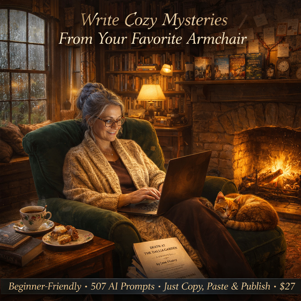 Cozy Mystery Empire Facebook ad: 507 AI Prompts That Write Complete Cozy Mystery Novels For…