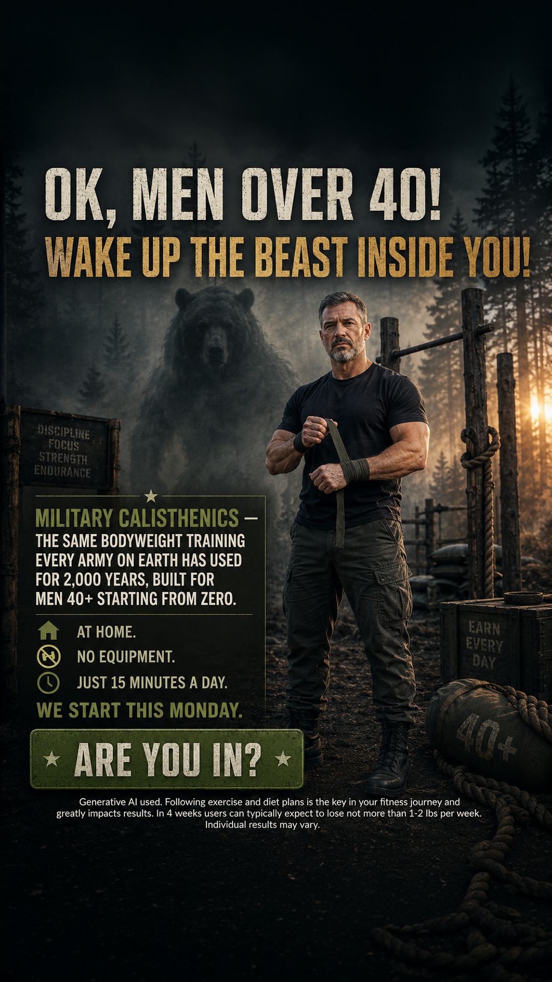 Military Training System Facebook ad: Feel Strong and Unstoppable with Military Calisthenics
