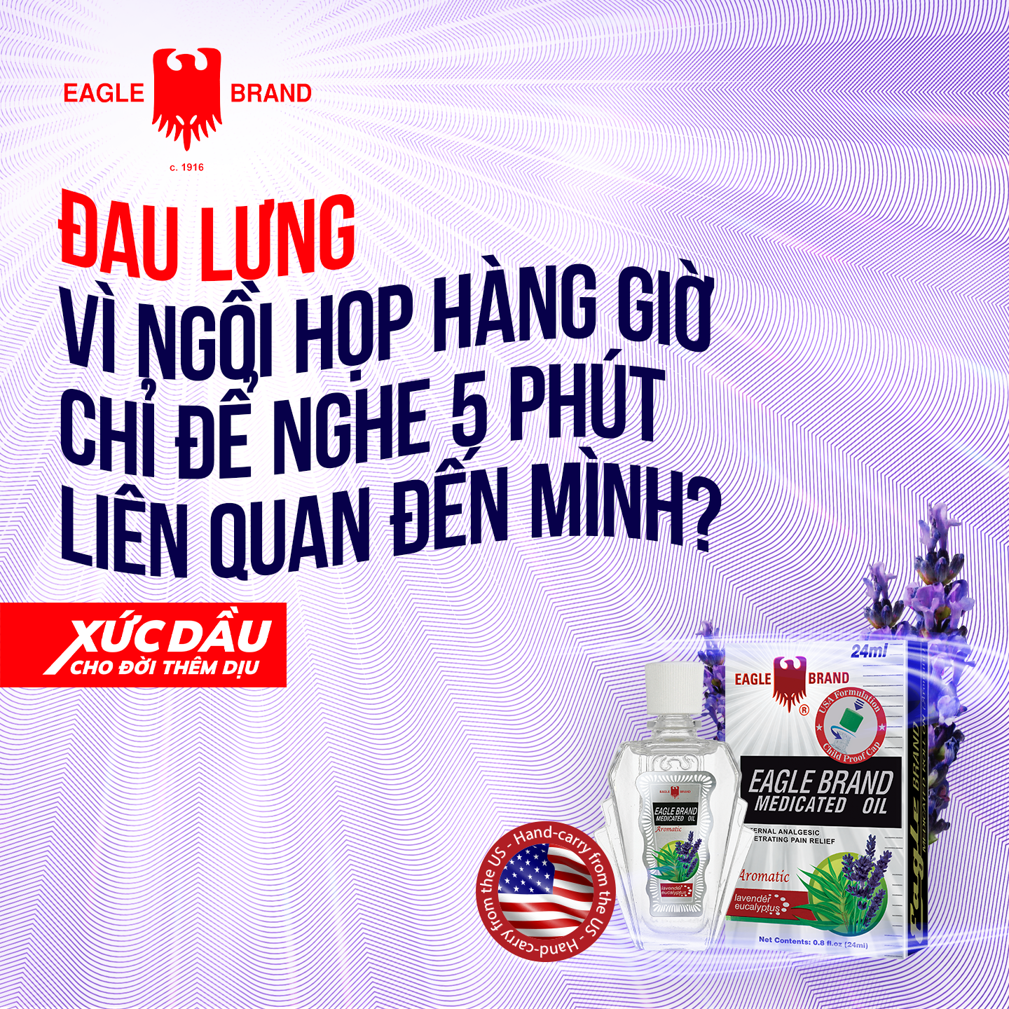 Eagle Brand USA Facebook ad: Dầu trắng hiệu Con Ó hương hoa Oải Hương mới