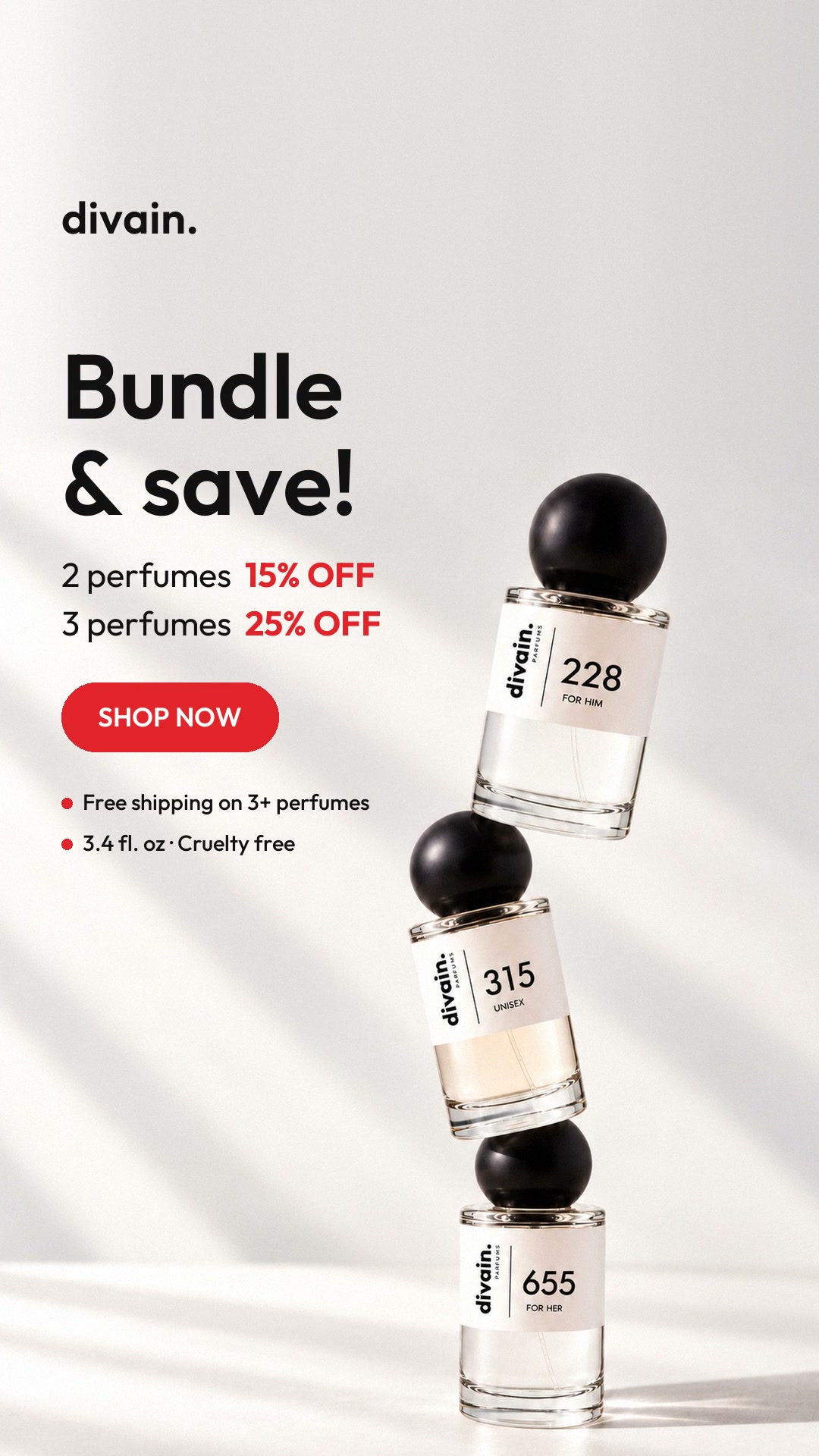 Divain America Facebook ad: 3 perfumes = 25% off