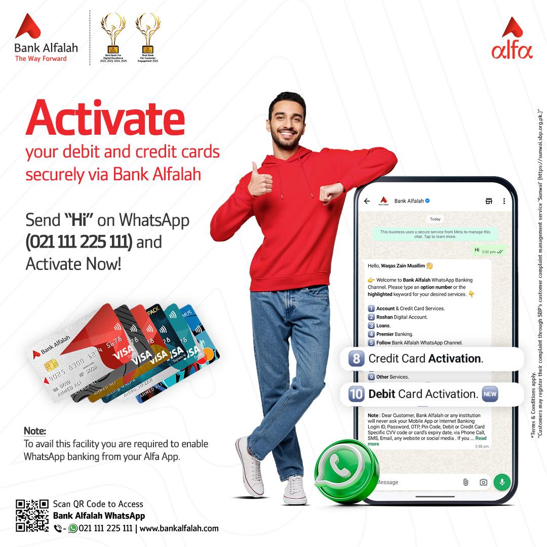 Alfa by Bank Alfalah Facebook ad: Now activate your debit card and credit card…