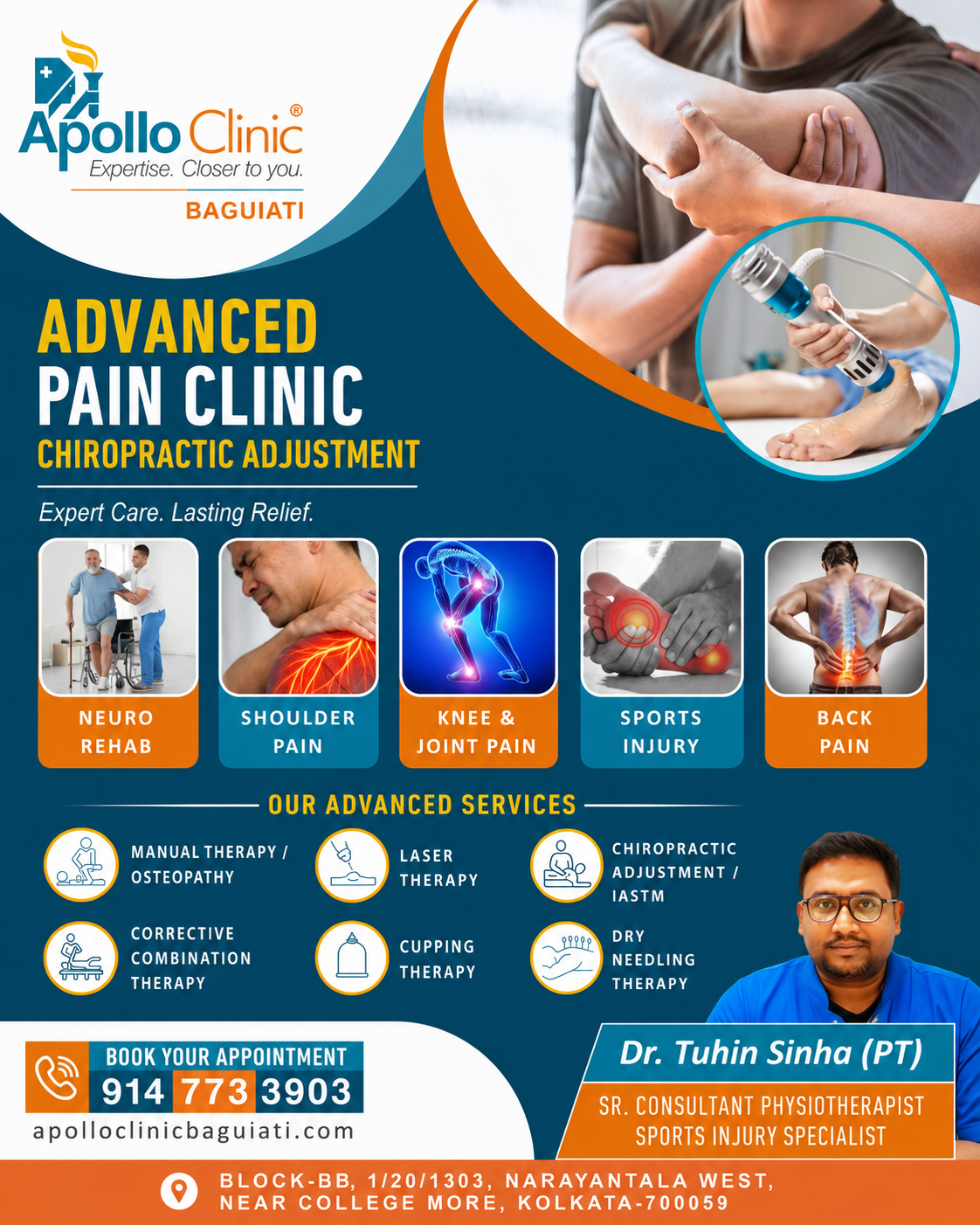Apollo Clinic Baguiati Facebook ad: Back pain, neck pain, knee pain, frozen shoulder…