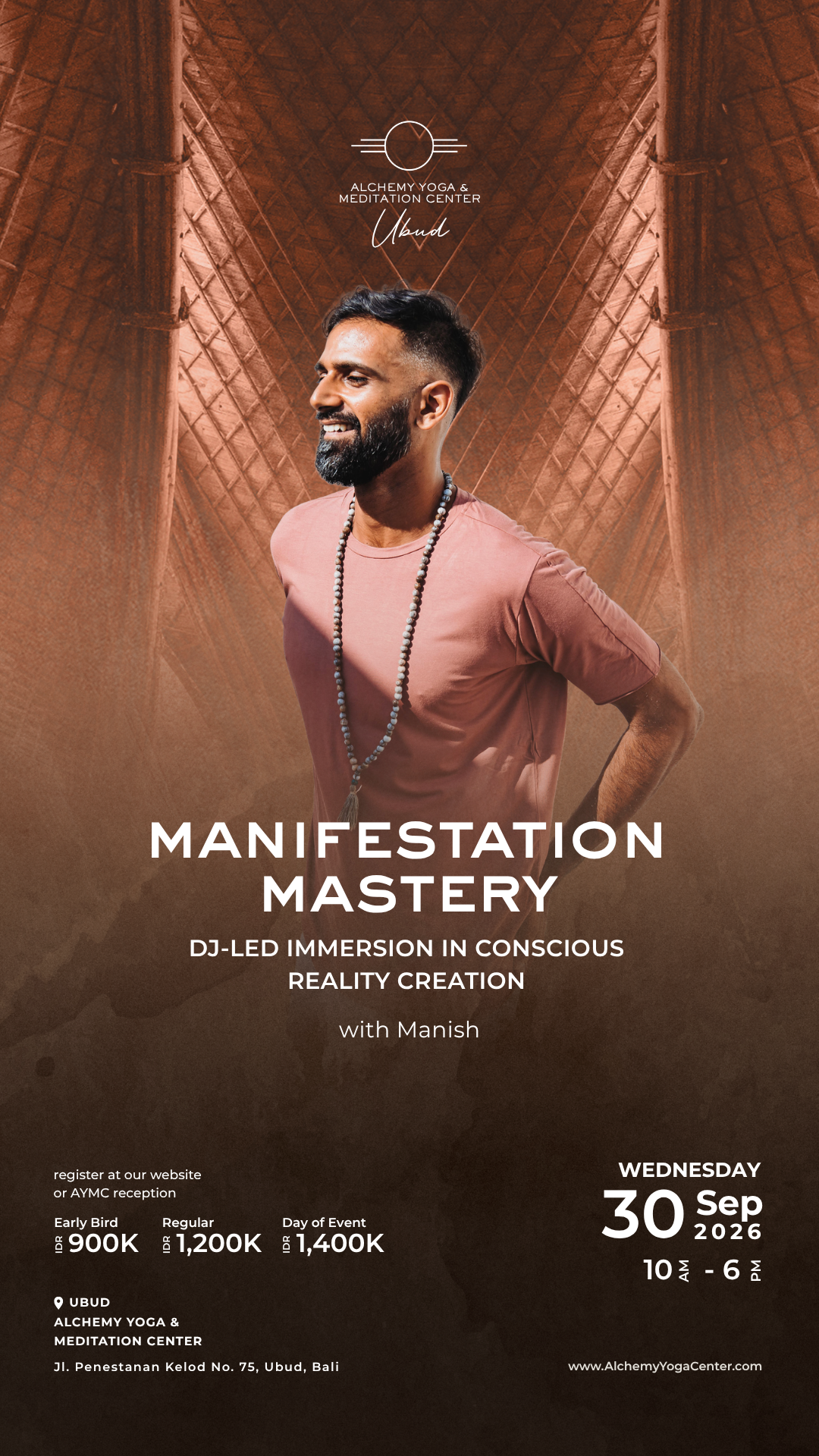 Alchemy Yoga Center Ubud Facebook ad: Manifestation Mastery with Manish: DJ-led immersion in…