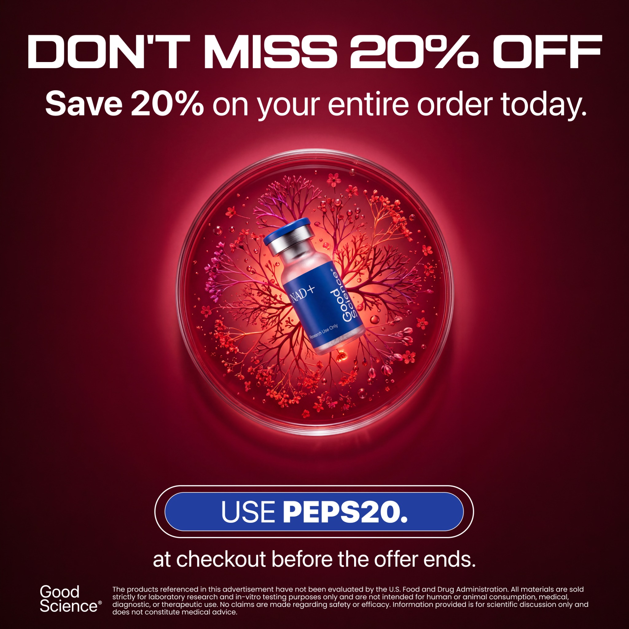 Good Science Facebook ad: Save 20% at Good Science | Code PEPS20, Limited Time
