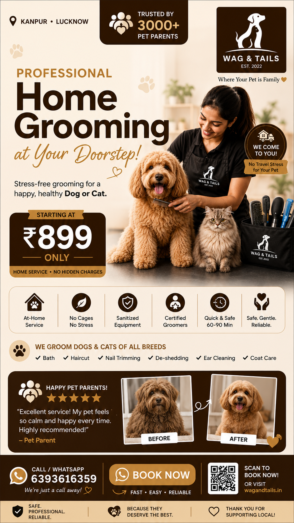 Wag & Tails Home Pet Groomers Facebook ad from Jul 24, 2026