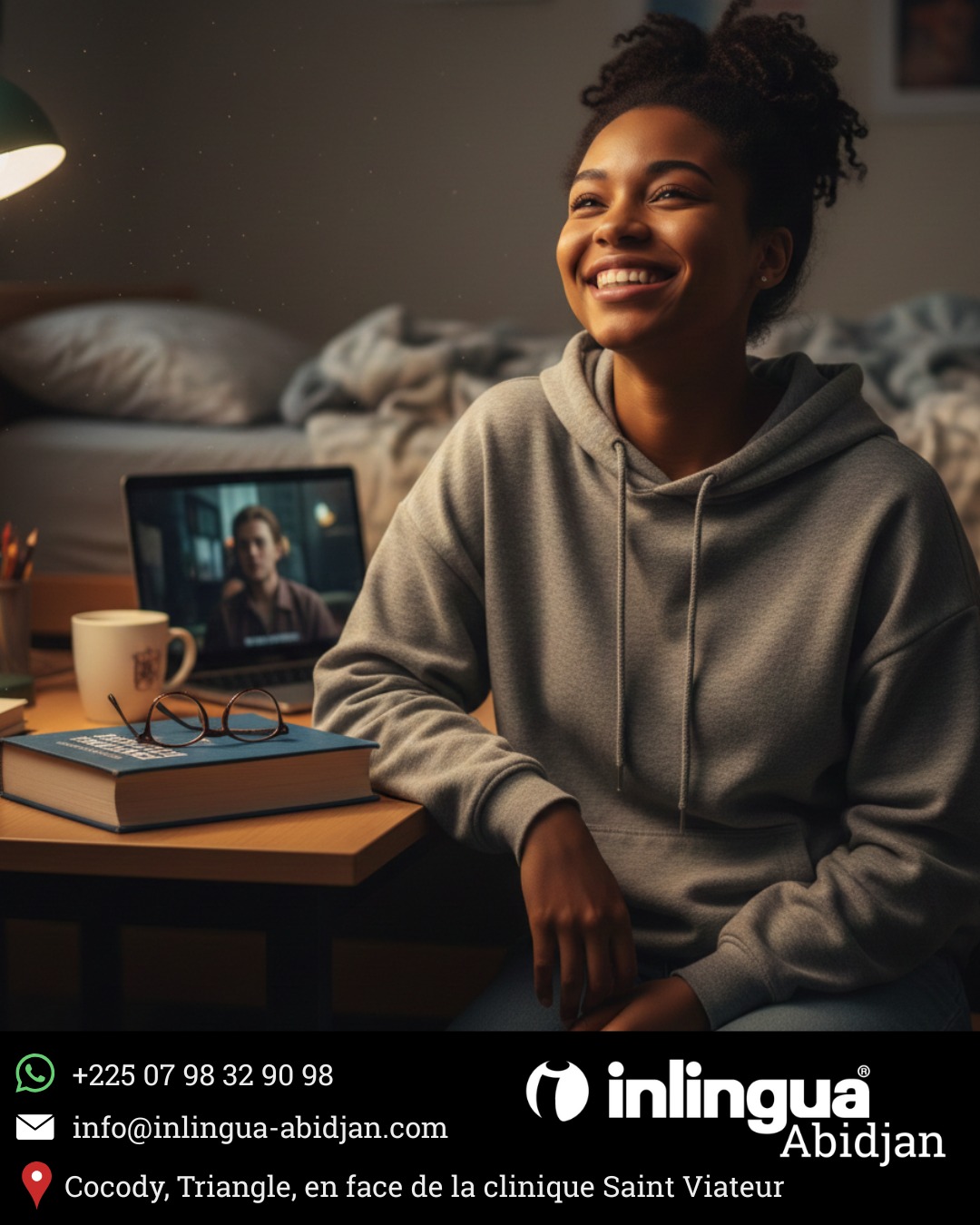 Inlingua Abidjan Facebook ad: Fini les maux de tête des devoirs!