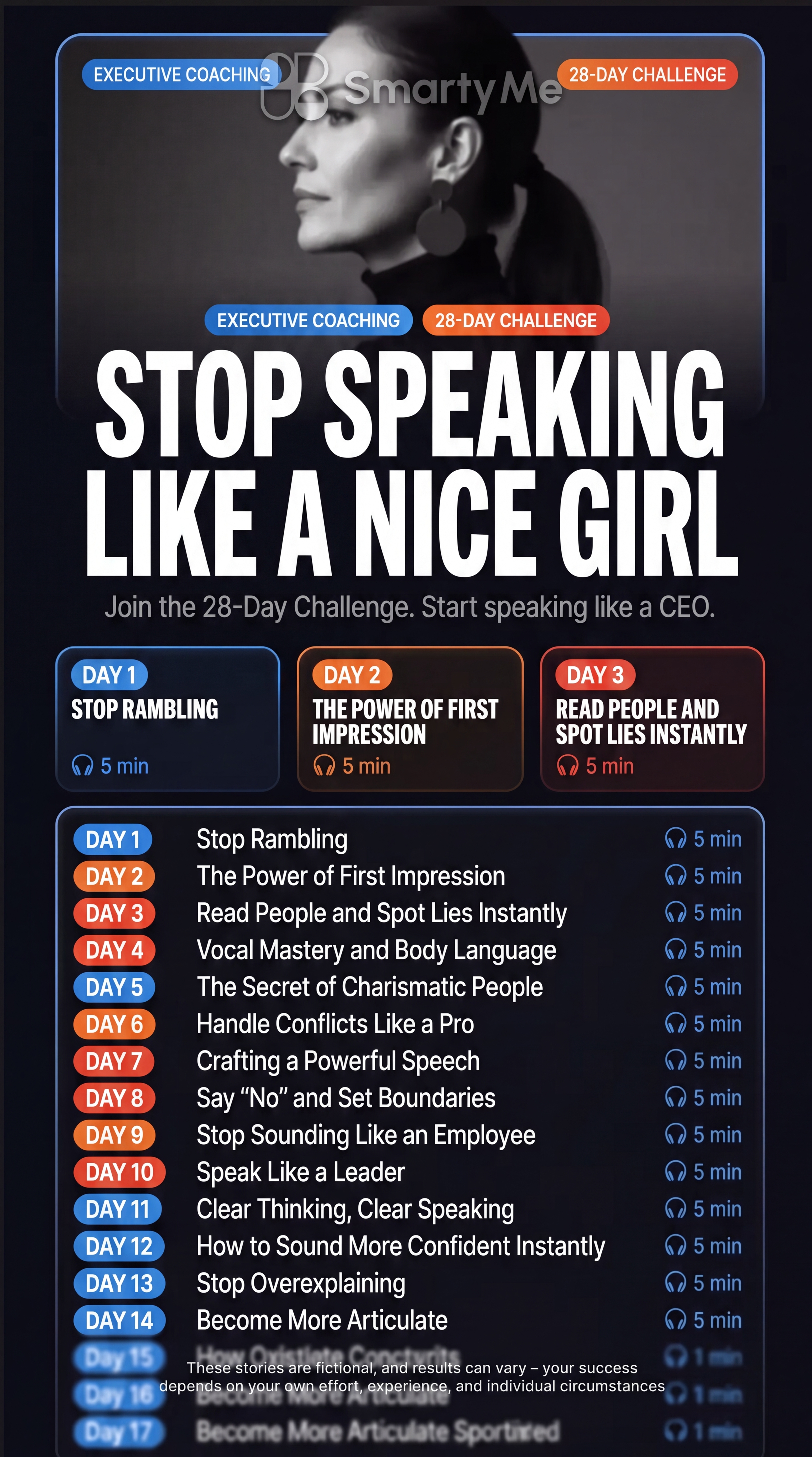 SmartyMe: High-Value Women Speak Facebook ad: Lead with words. Inspire with presence.