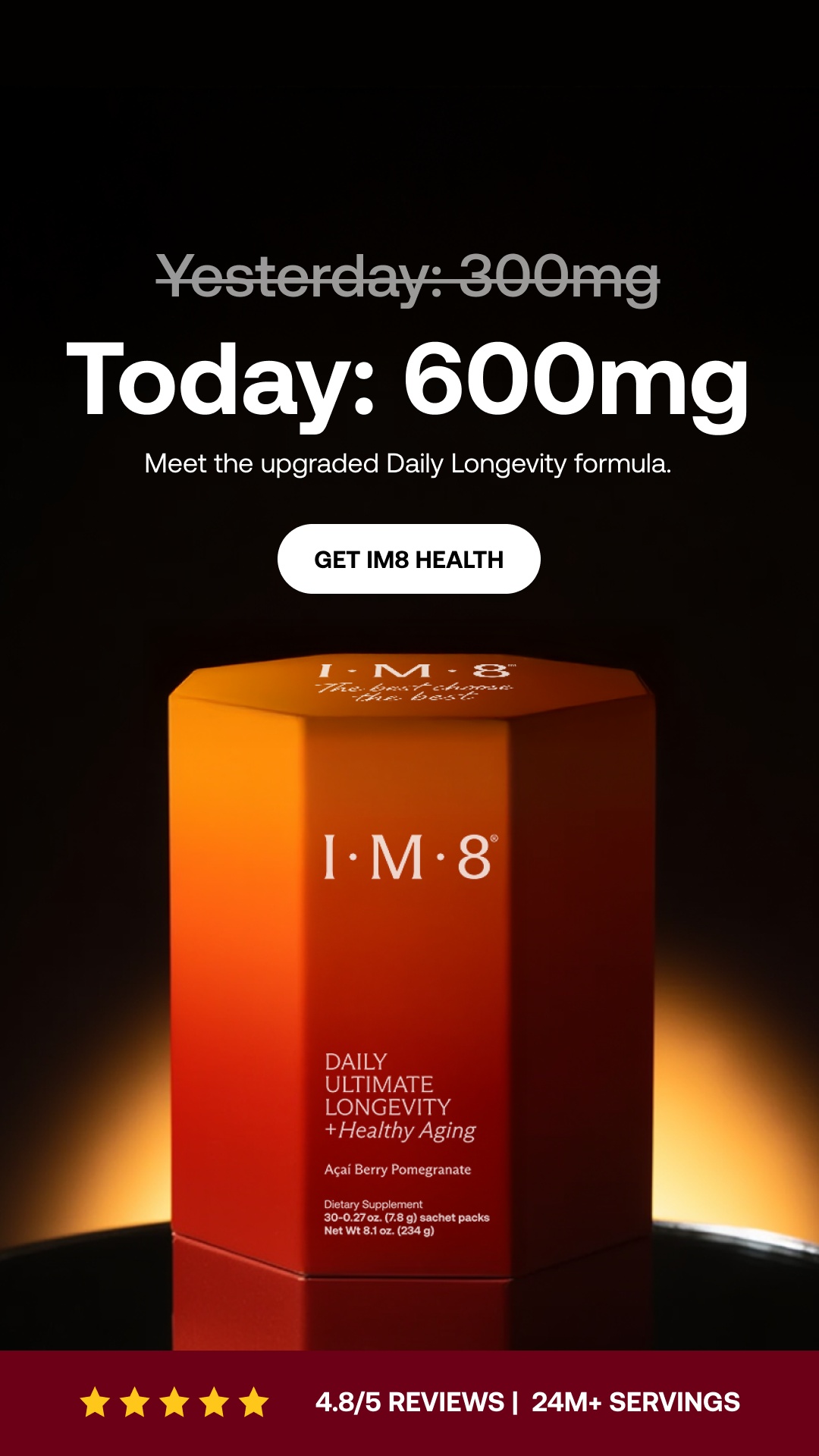 IM8 Health Facebook ad: Twice the NMN. Built for the Long Game.