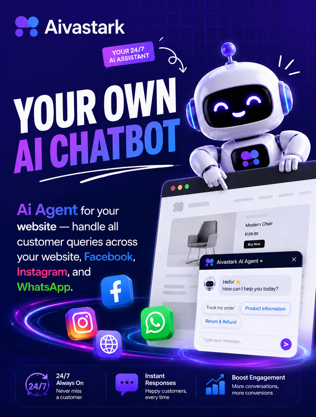 Aivastark - Your Website's 24/7 Support Agent Facebook ad: Turn Website Visitors Into Paying Customers