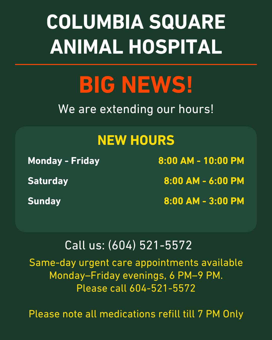 Columbia Square Animal Hospital Facebook ad: Big news! Columbia Square Animal Hospital is now…