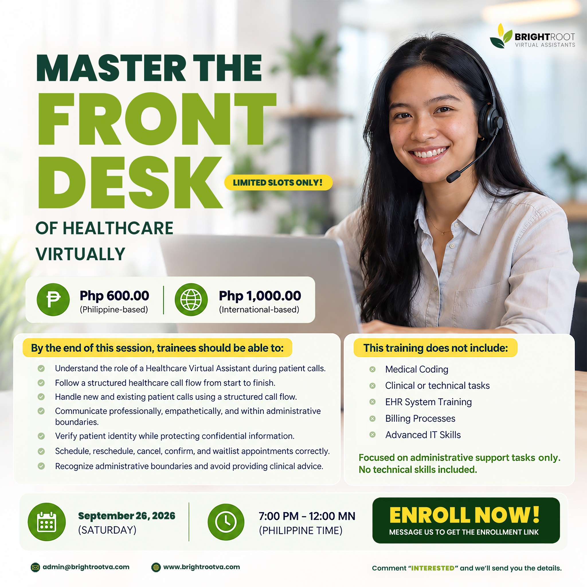 BrightRoot VA Facebook ad: MASTER THE FRONT DESK OF HEALTHCARE VIRTUALLY!