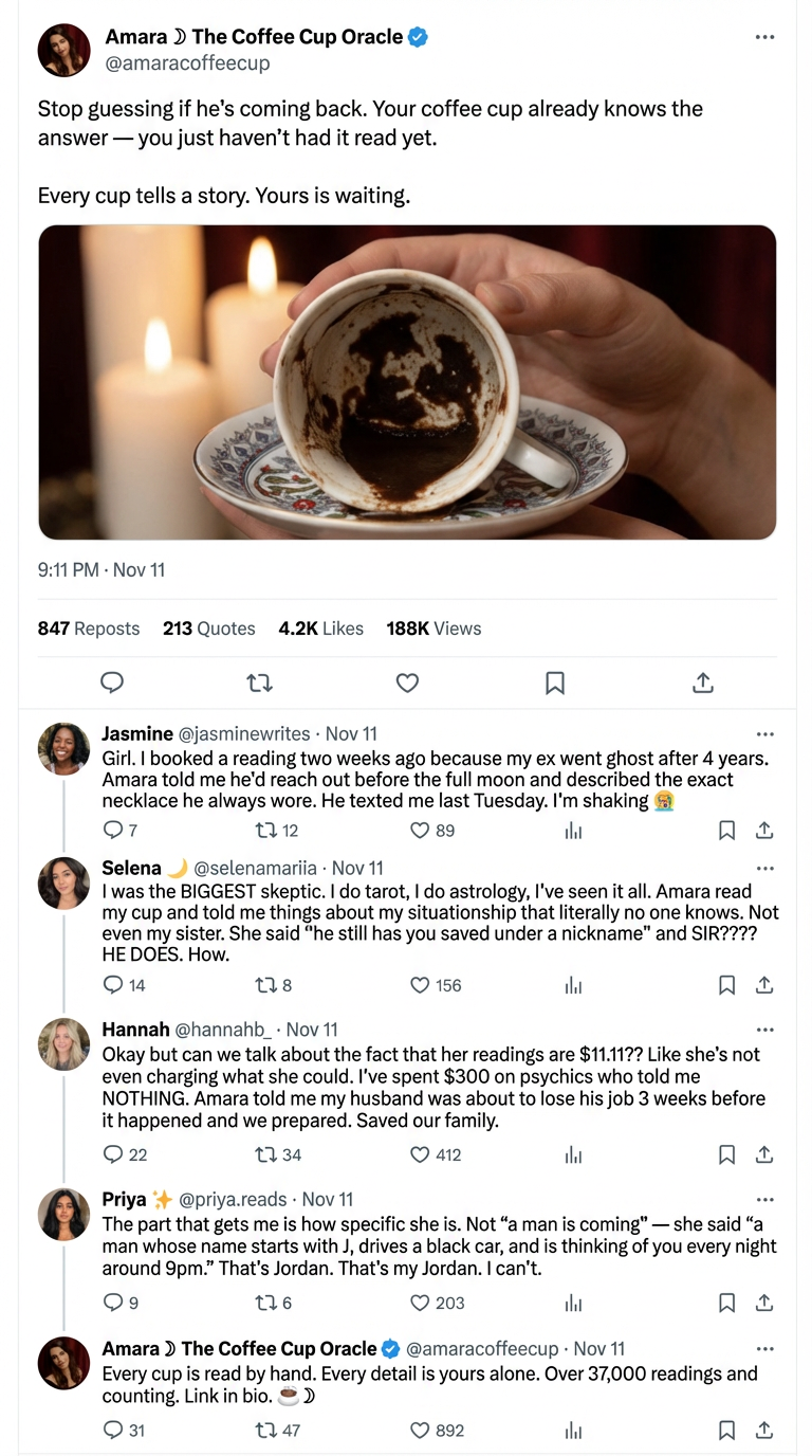 The Coffee Oracle Facebook ad: Never Chase Again - Just Try This And Wait.
