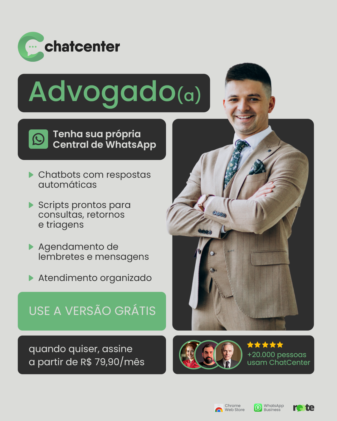 ChatCenter Brasil Facebook ad: WhatsApp para fechar mais contratos.