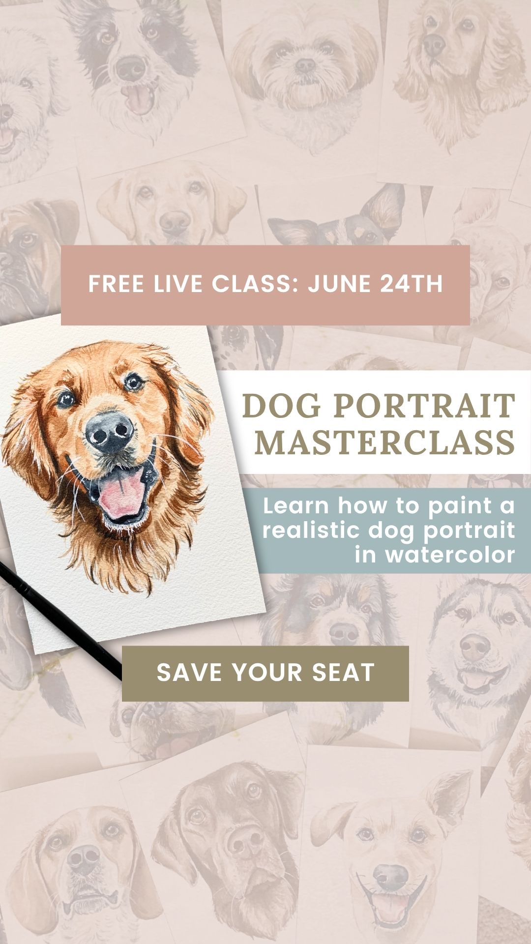 Windswept Design Studio Facebook ad: FREE Class: Learn to Paint Pet Portraits