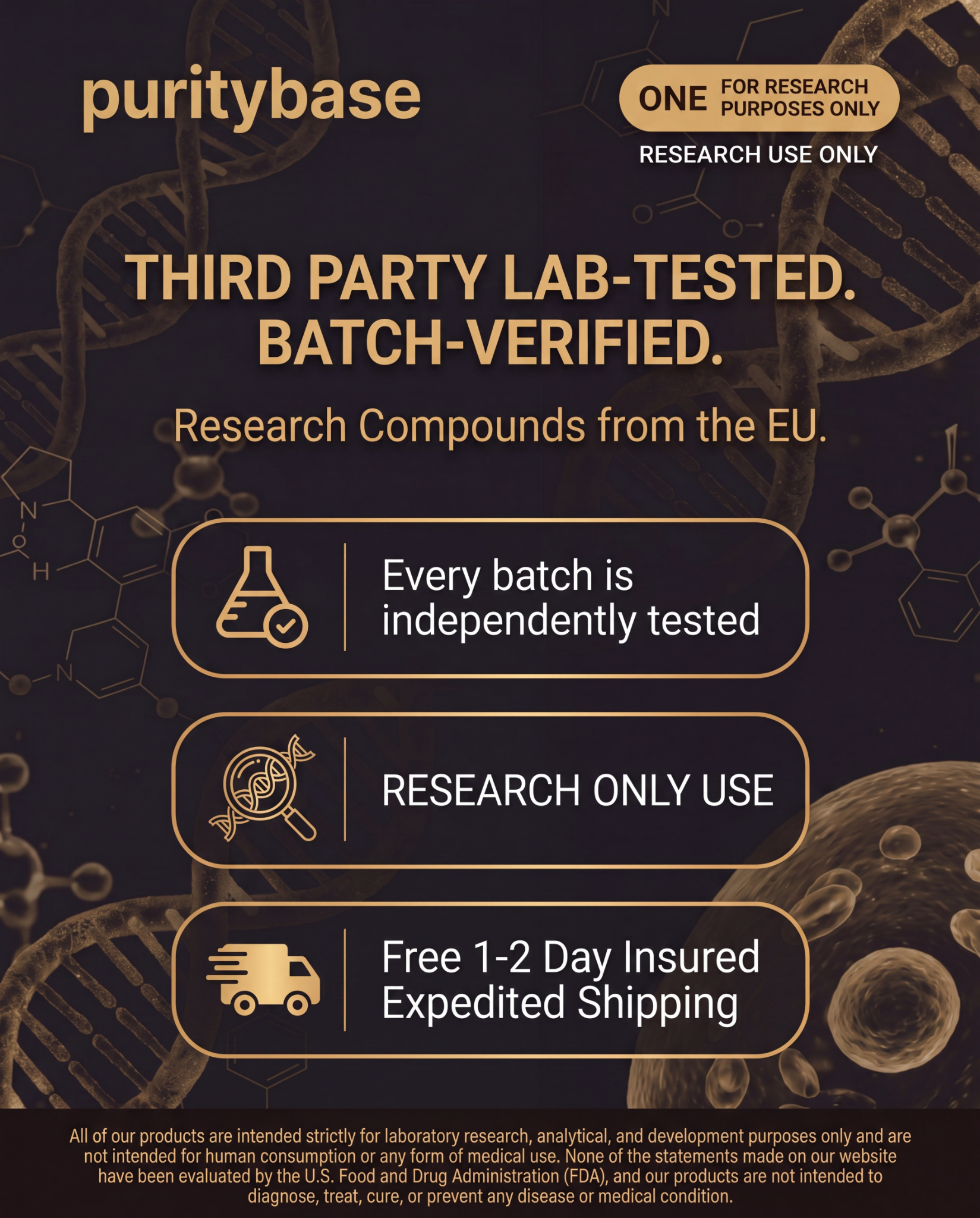 PurityBase Facebook ad: ≥99% purity. Independently tested. Research Only