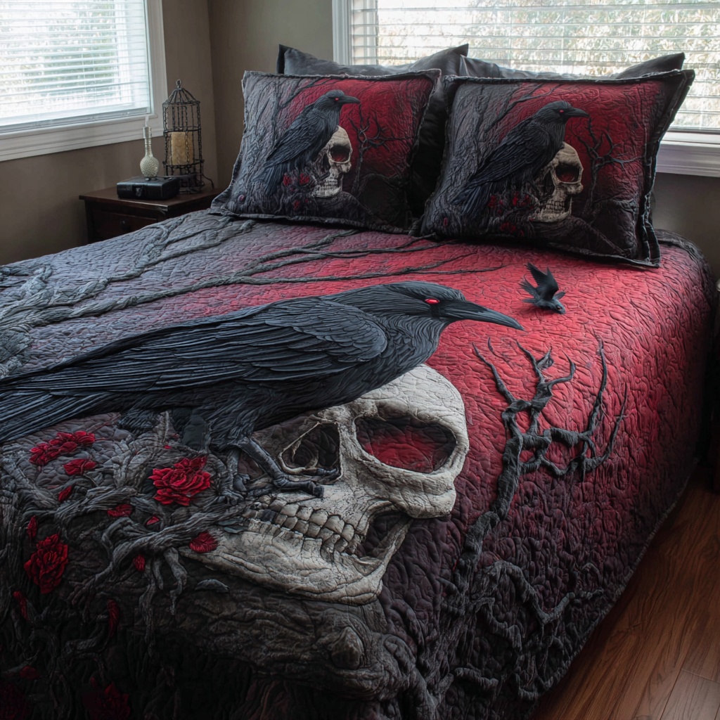 Quiltnest Quilted Chronicles Facebook ad: Crimson Raven 3-Piece Quilted Bedding Set NCU0PVL940