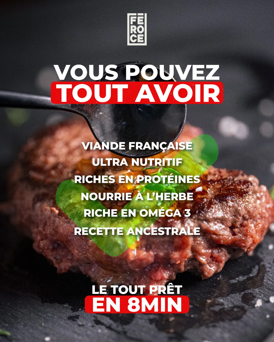 Féroce Facebook ad: Boeuf français 100% nourri à l'herbe, livré chez vous