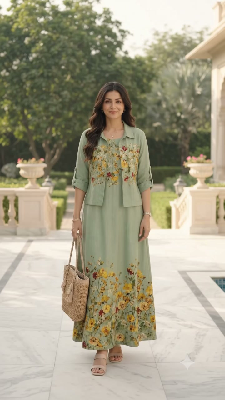 NAMI BRAND Facebook ad: Pista Green Floral Aura Removable Jacket Gown With Lining