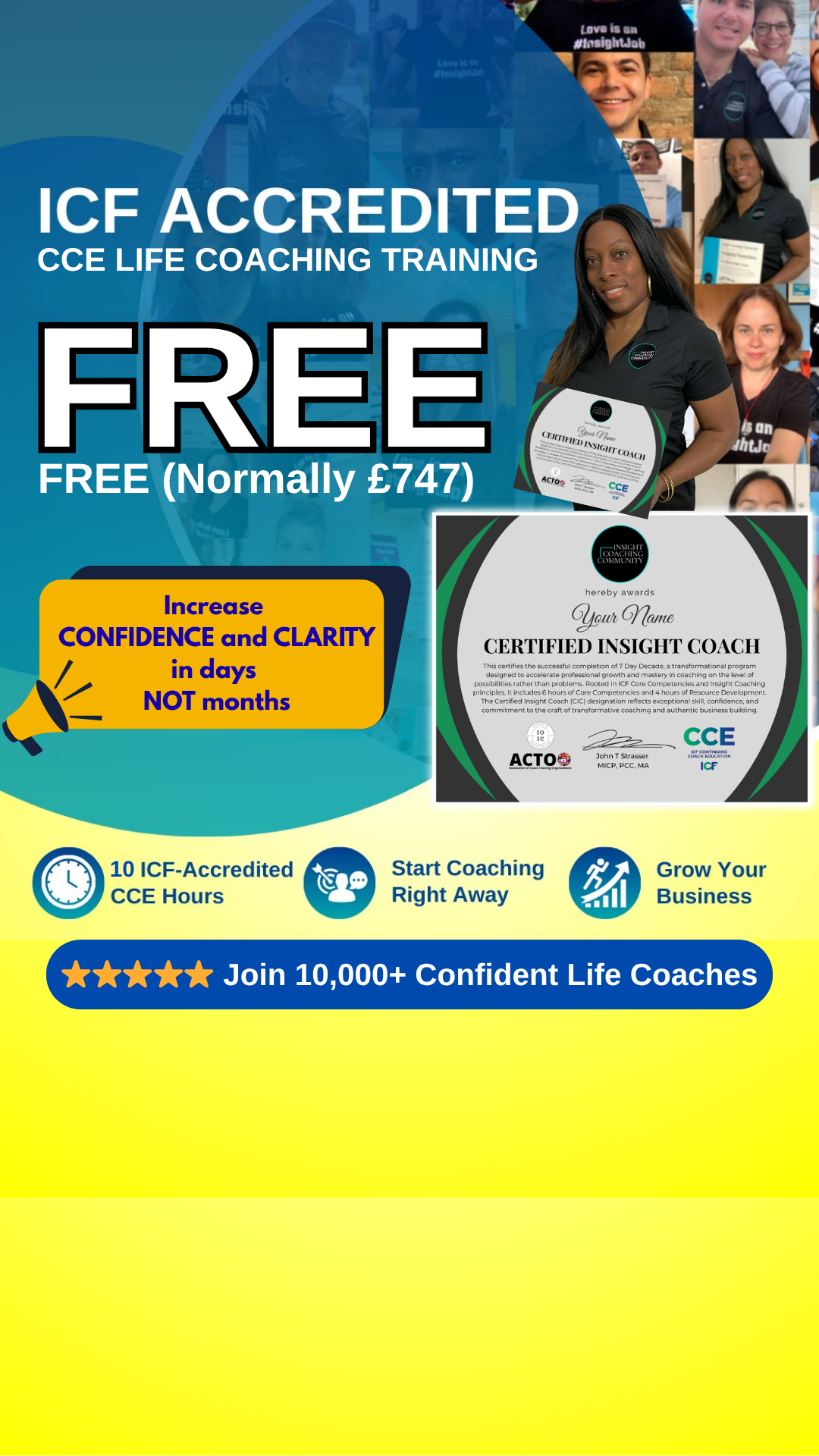 Insight Coaching Community Facebook ad: FREE ICF Accredited CCE Life Coach Training (normally £747)