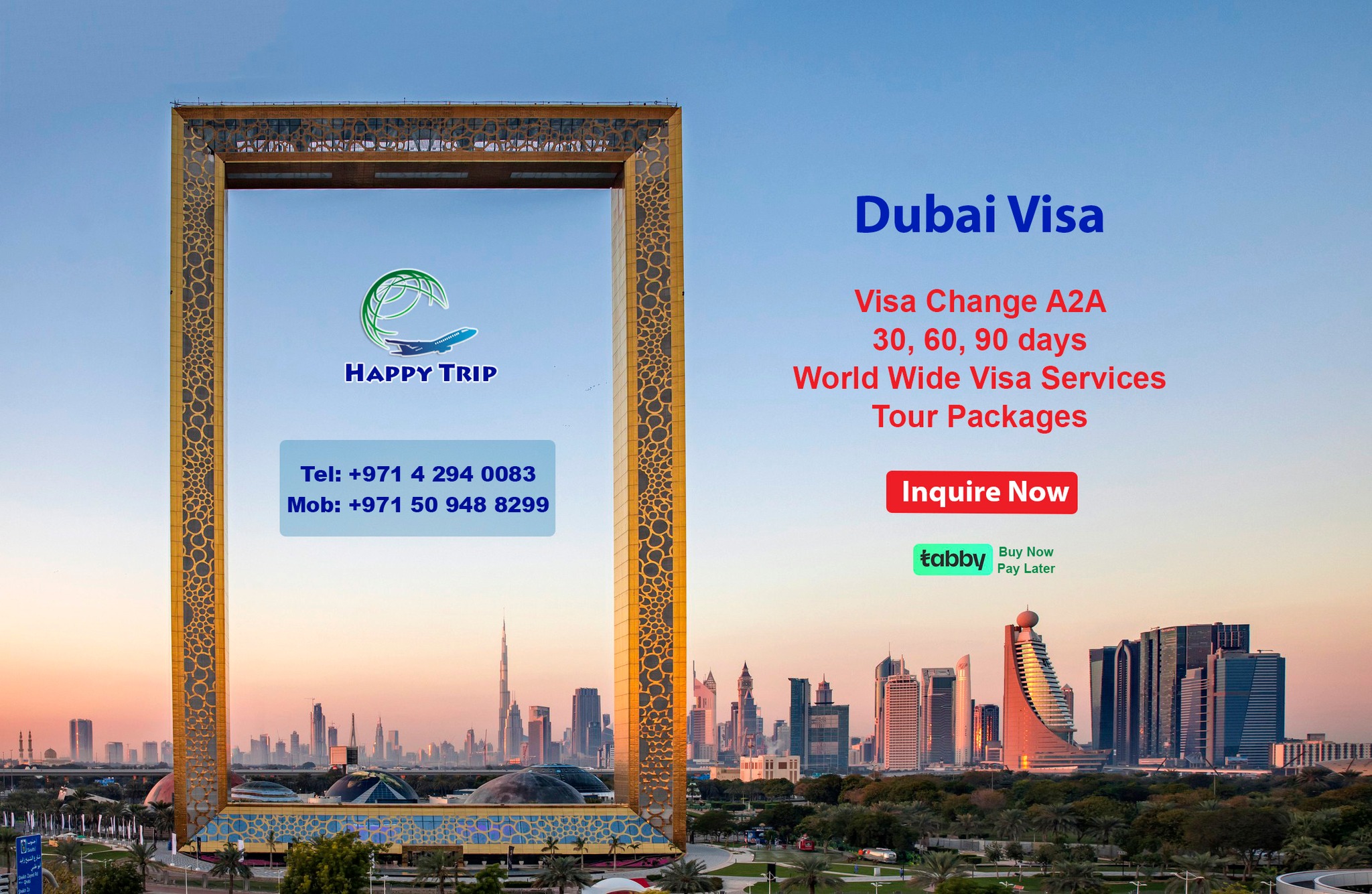 Happy Trip Facebook ad: Dubai tourist visa 30, 60, and 90 days.