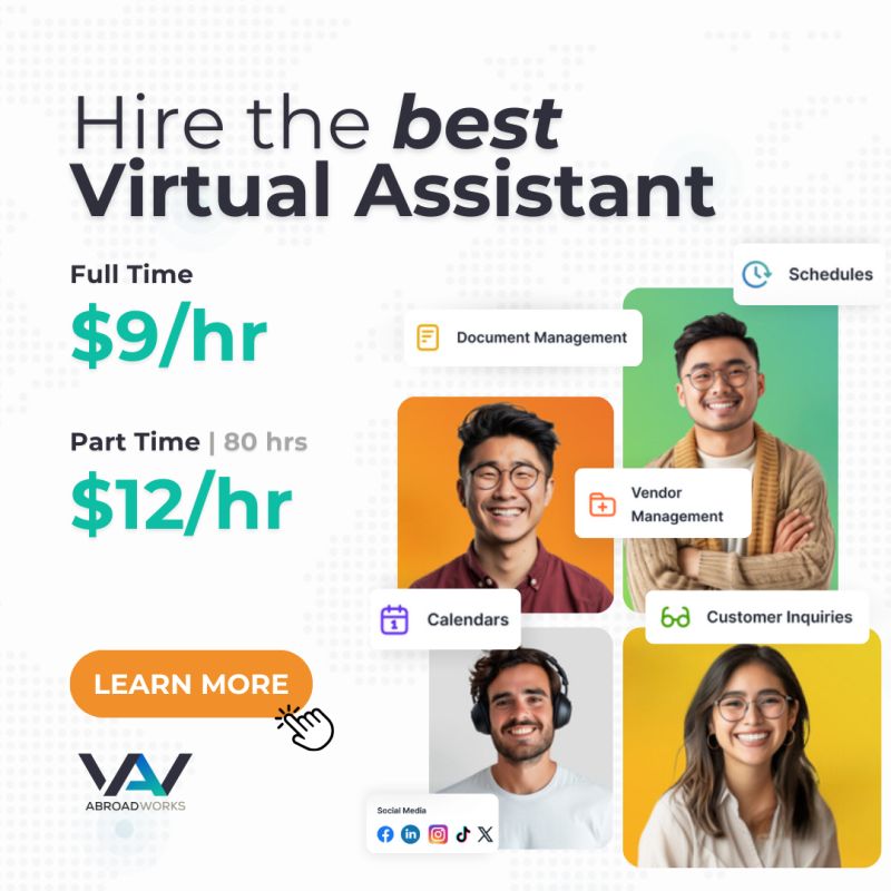 AbroadWorks Facebook ad: Hire A Virtual Assistant For $9/Hour