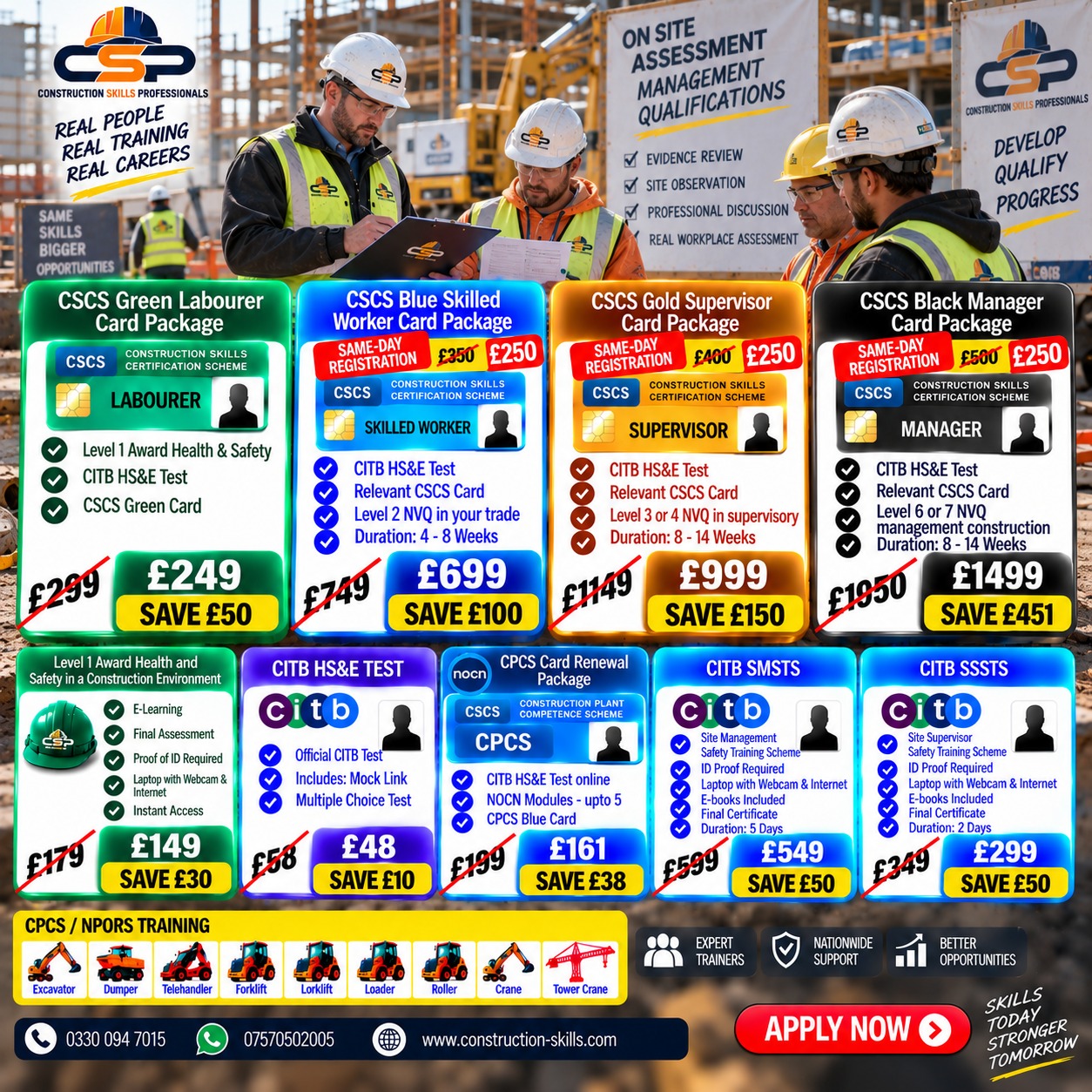 Construction Skills Professional Ltd Facebook ad: CSCS Cards, CITB Tests, Courses, NVQs, SMSTS, SSSTS & CPCS