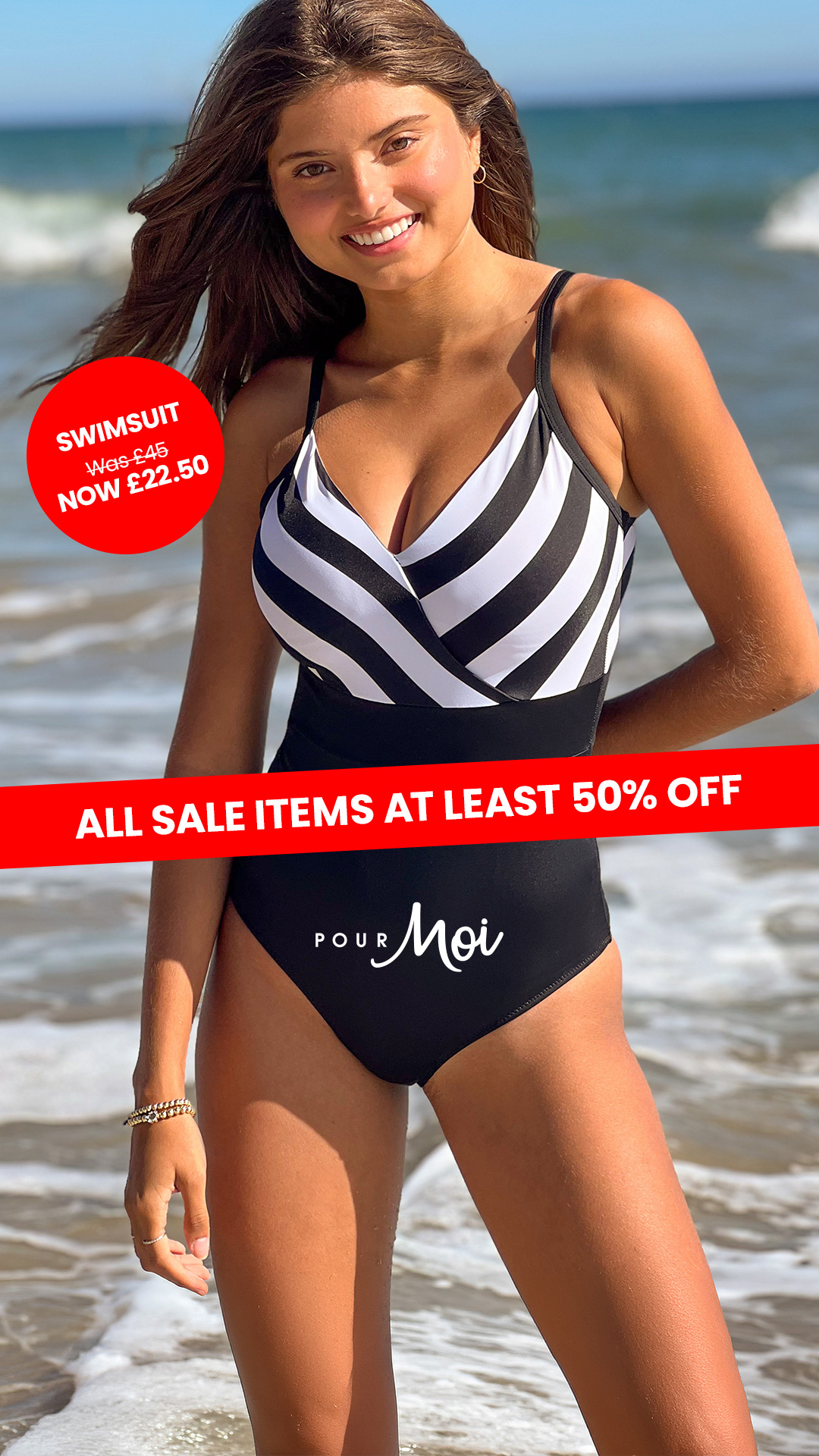 Pour Moi Facebook ad: Shop bestselling swimsuits at 50% off!