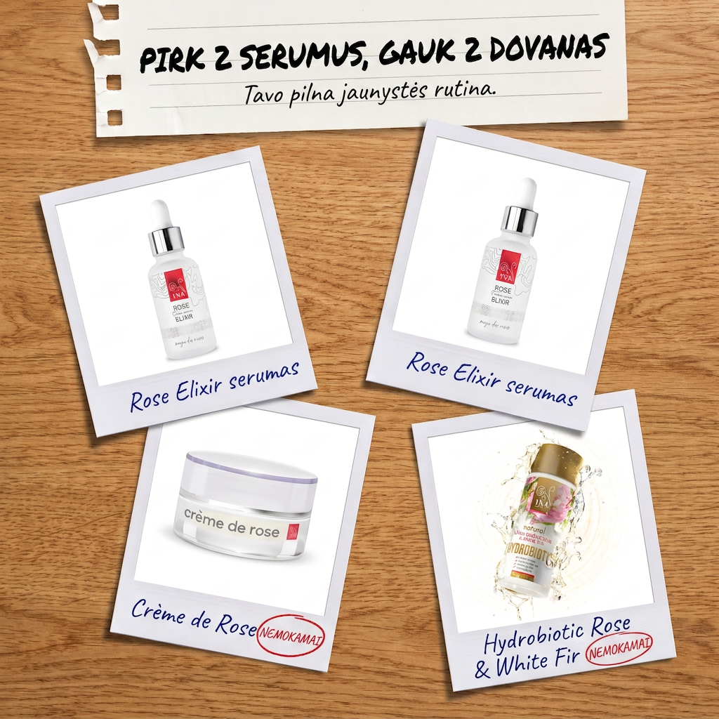 Organinė Kosmetika - InaEssentials.LT Facebook ad: Pirk 2 serumus Rose Elixir, kremą ir Hydrobiotic dovanų