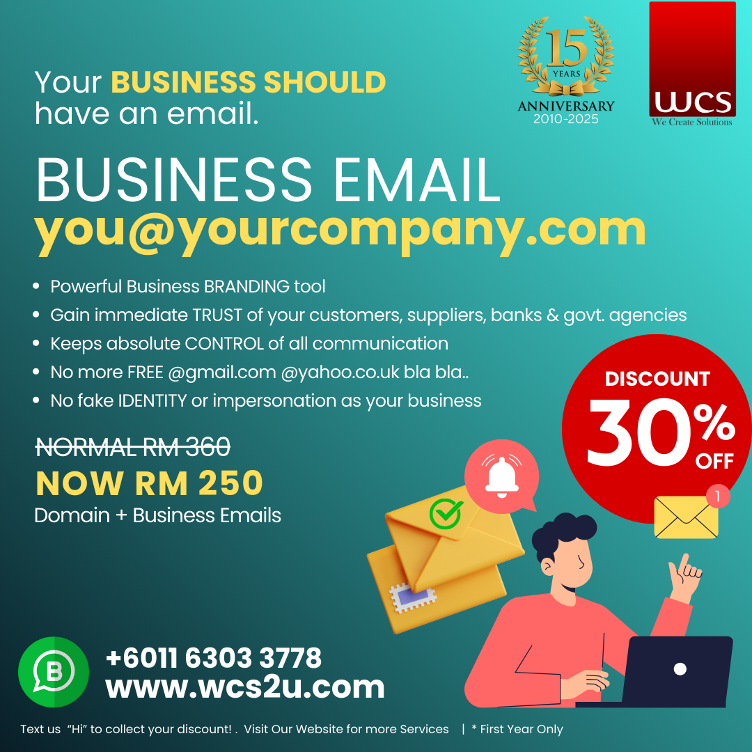 wcs2u.com Facebook ad: Business Emails 30% off!