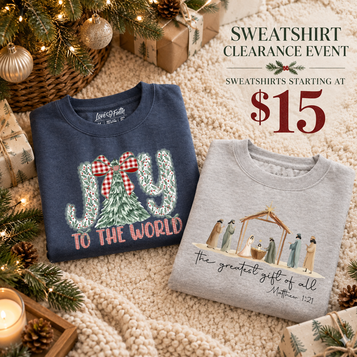 Love in Faith Facebook ad: $20 sweatshirts *while supplies last*