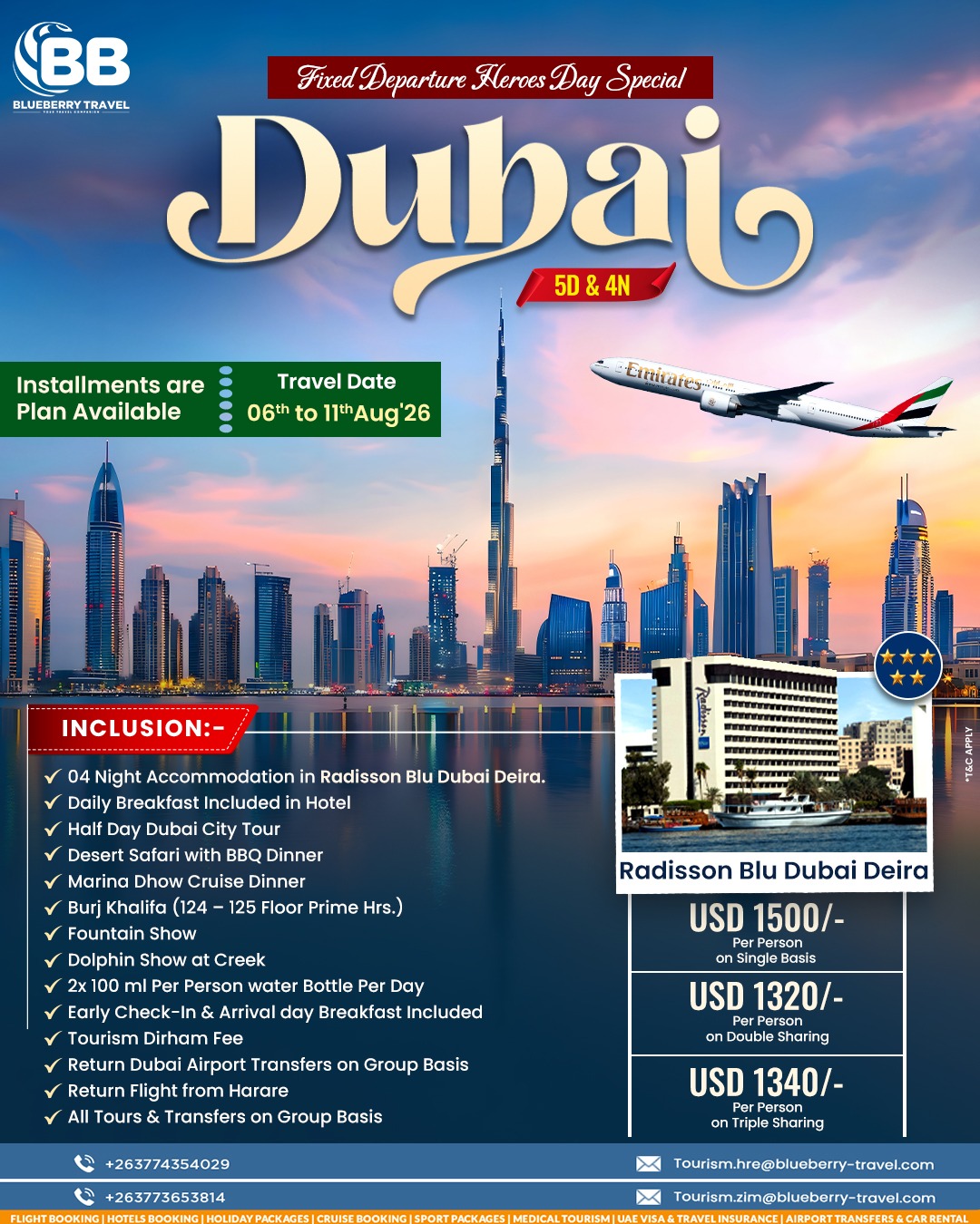 Blueberry Travel Zimbabwe Facebook ad: Experience the magic of Dubai in style!