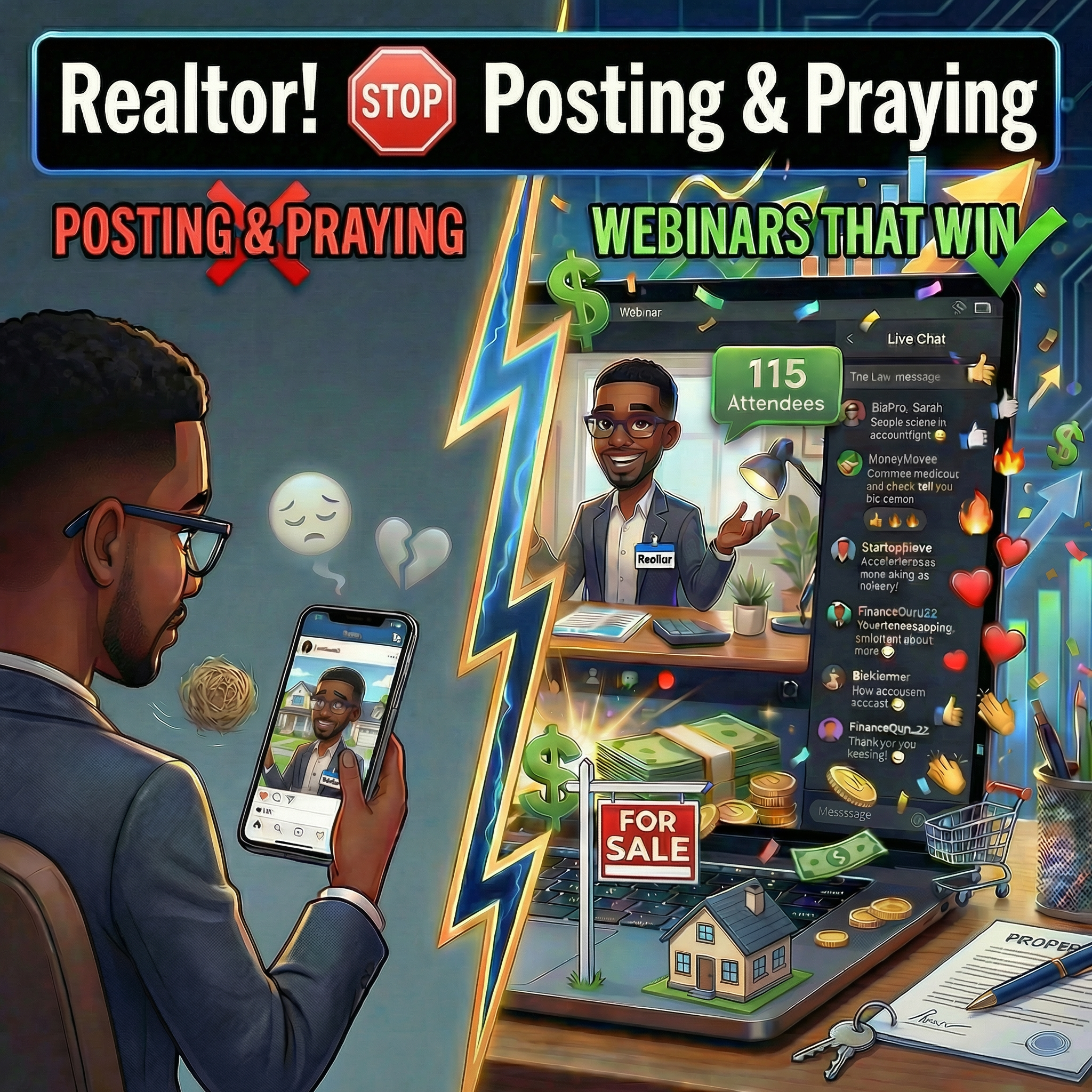 Jullien Gordon Facebook ad: Webinars For Realtors: STOP Posting & Praying For Clients