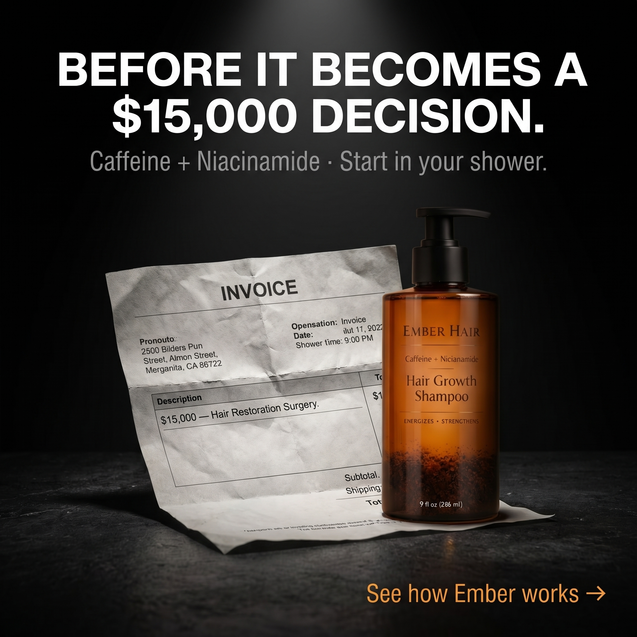 Ember Hair Co. Facebook ad: PRP costs $3,500 a year. Your shower costs a lot less.