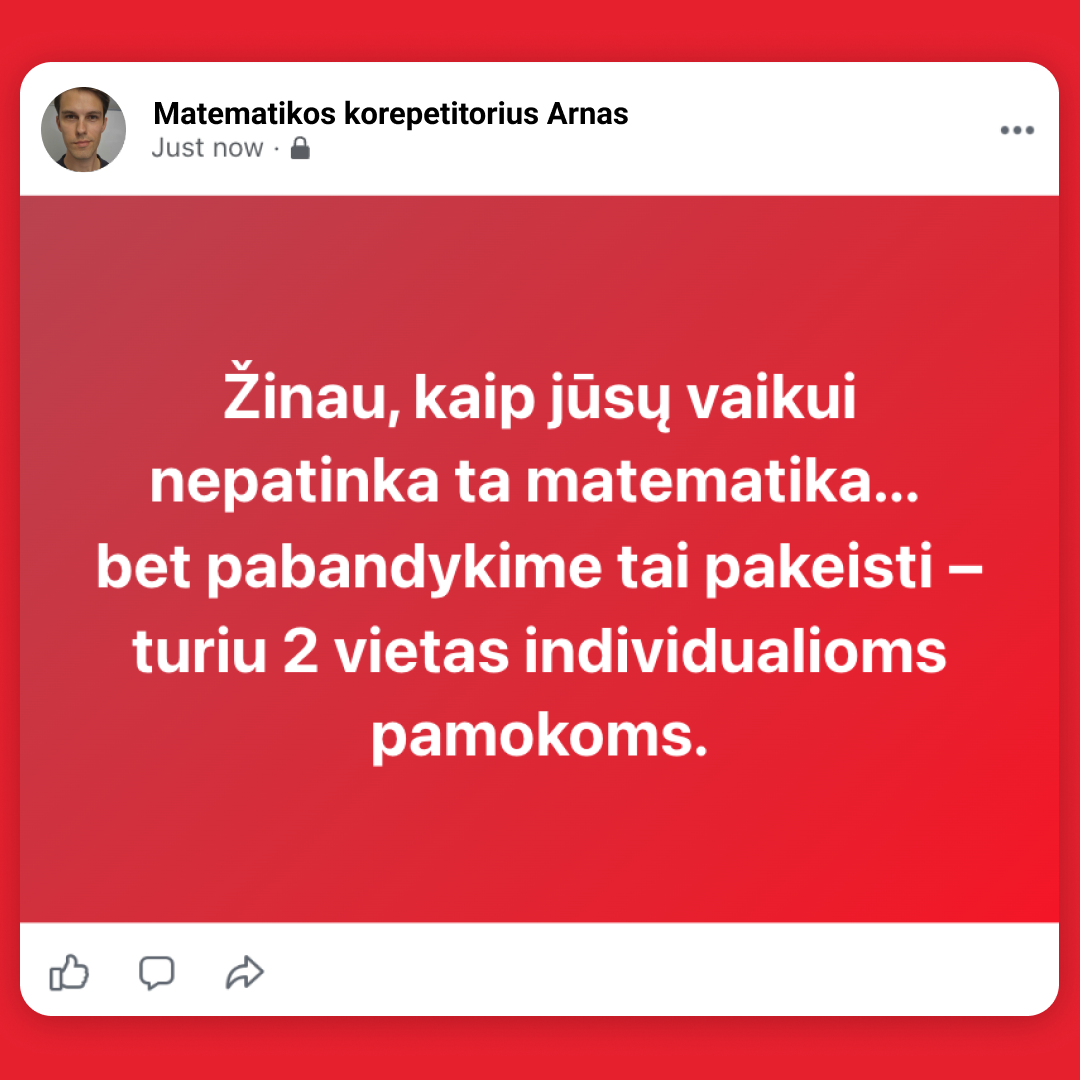 Matematikos korepetitorius Arnas Facebook ad: Išankstinė registracija