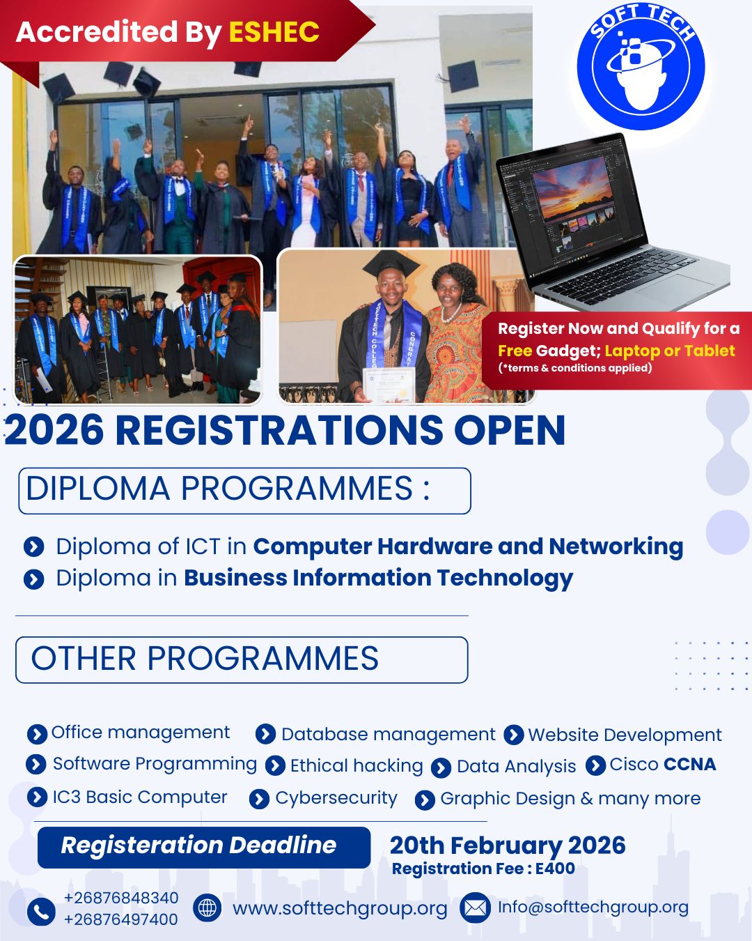 Soft Tech Eswatini Facebook ad: 2026 REGISTRATIONS NOW OPEN at SOFT TECH COLLEGE!