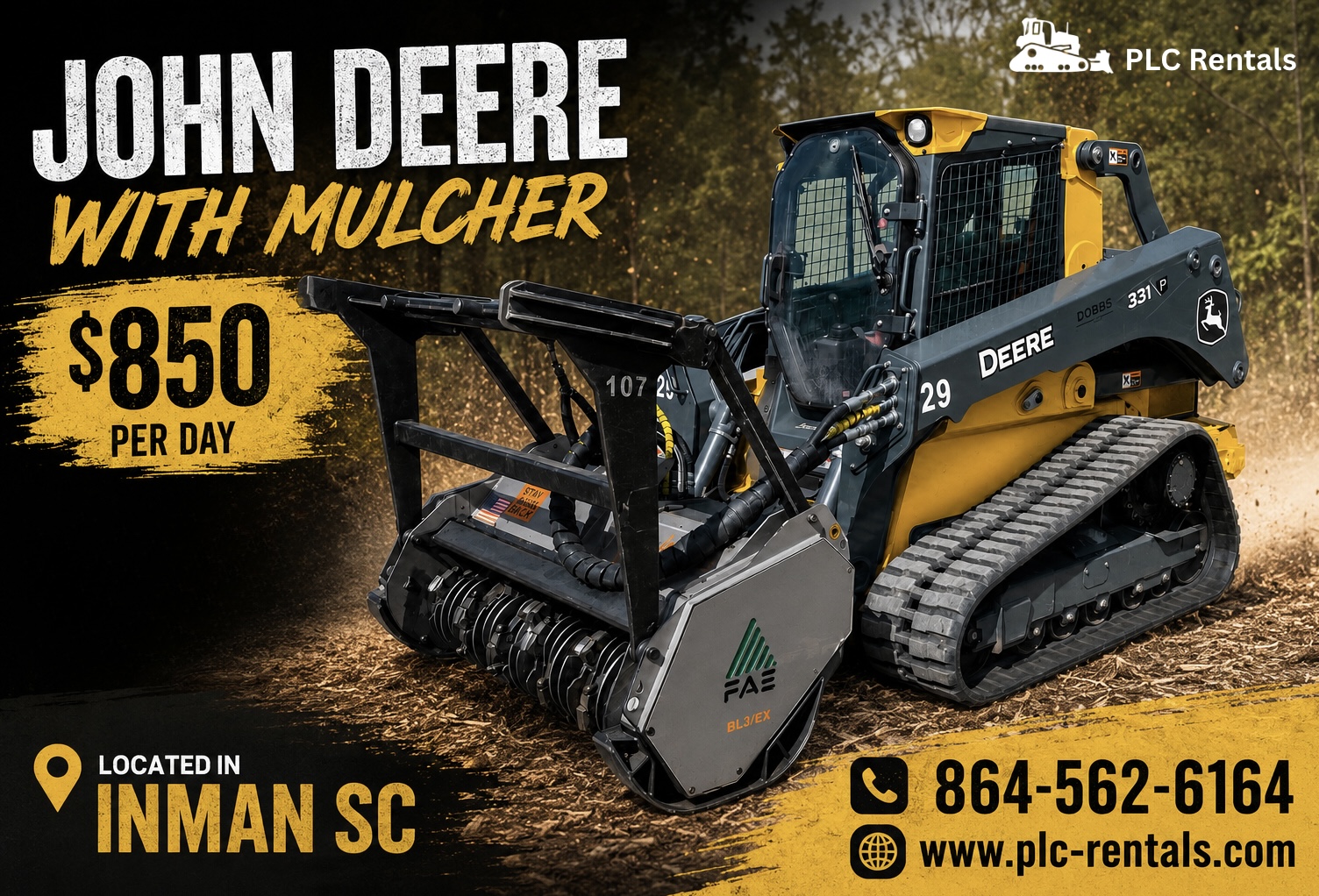 PLC Rentals Facebook ad: Skid Steer Mulcher Rental - $800/day